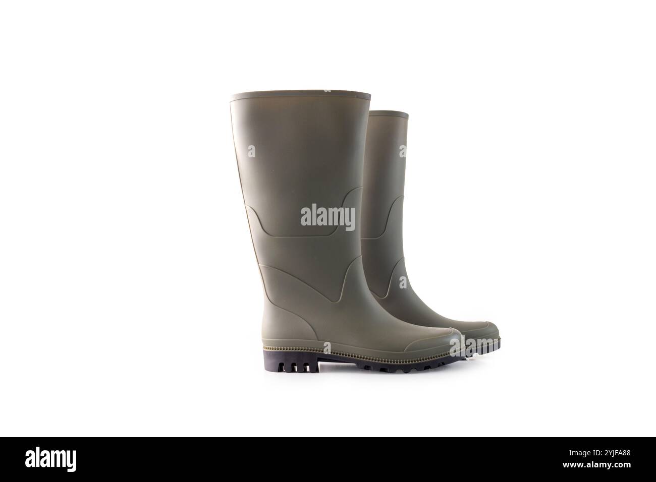 Pair of olive green rubber boots, isolated on white background, studio ...