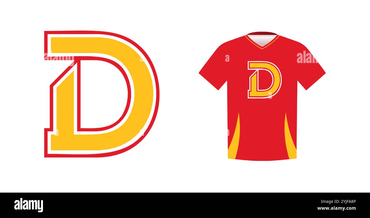 Bold yellow letter D with red outline, varsity sports emblem design on ...