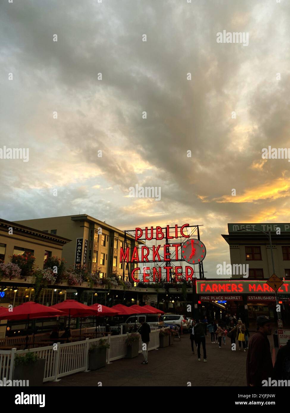 The sunset over Pike Place Market in Downtown Seattle. Stock Photo