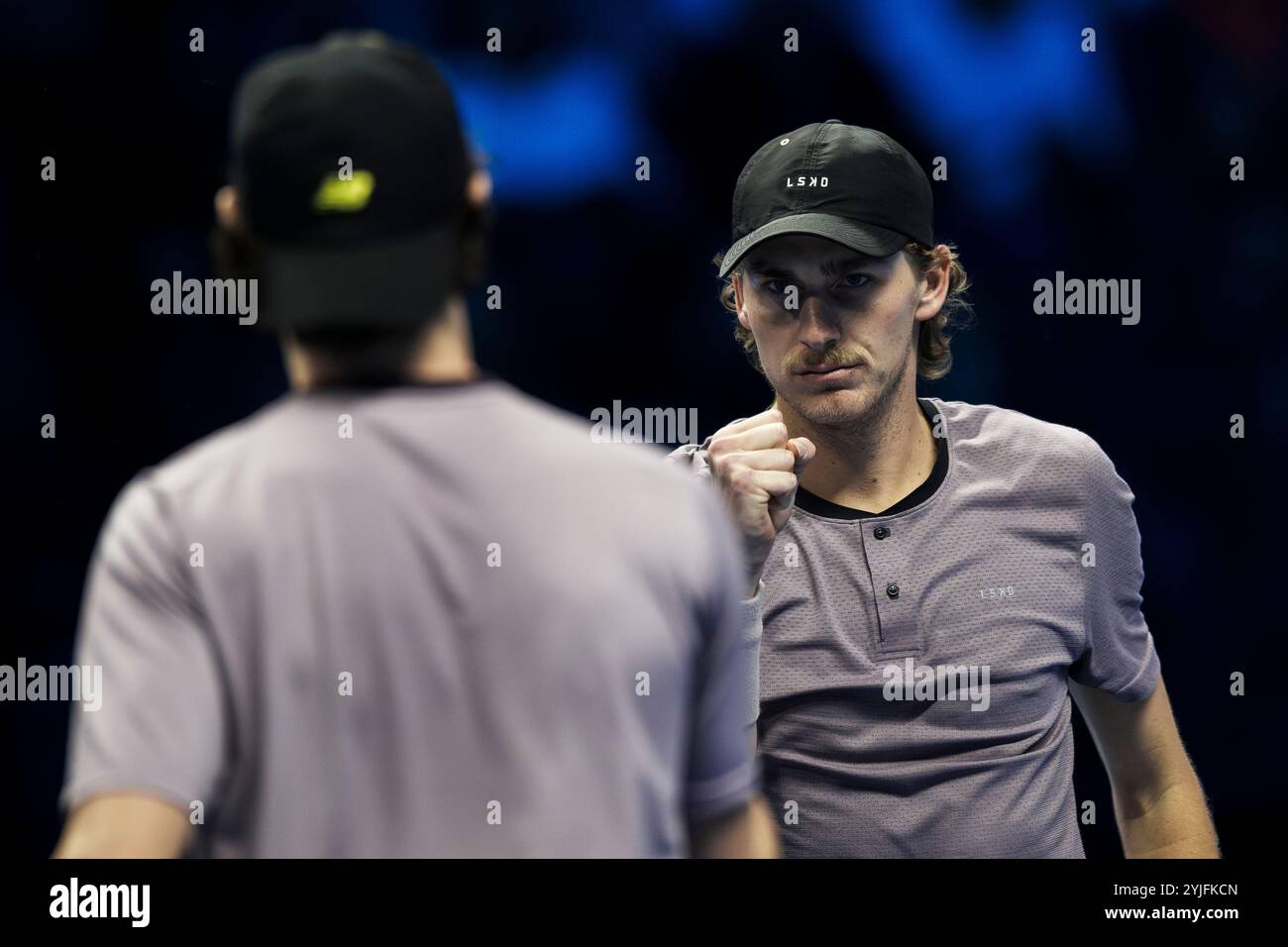 Turin, Italy. 14 November 2024. Max Purcell (R) and Jordan Thompson of Australia celebrate during the round robin doubles match against Marcel Granollers of Spain and Horacio Zeballos of Argentina during day five of the Nitto ATP Finals. Max Purcell and Jordan Thompson won the match 7-6(14), 6-3. Credit: Nicolò Campo/Alamy Live News Stock Photo