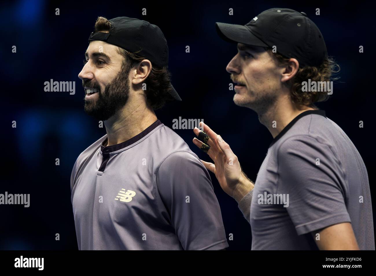 Turin, Italy. 14 November 2024. Jordan Thompson (L) and Max Purcell of Australia celebrate the victory at the end of the round robin doubles match against Marcel Granollers of Spain and Horacio Zeballos of Argentina during day five of the Nitto ATP Finals. Max Purcell and Jordan Thompson won the match 7-6(14), 6-3. Credit: Nicolò Campo/Alamy Live News Stock Photo