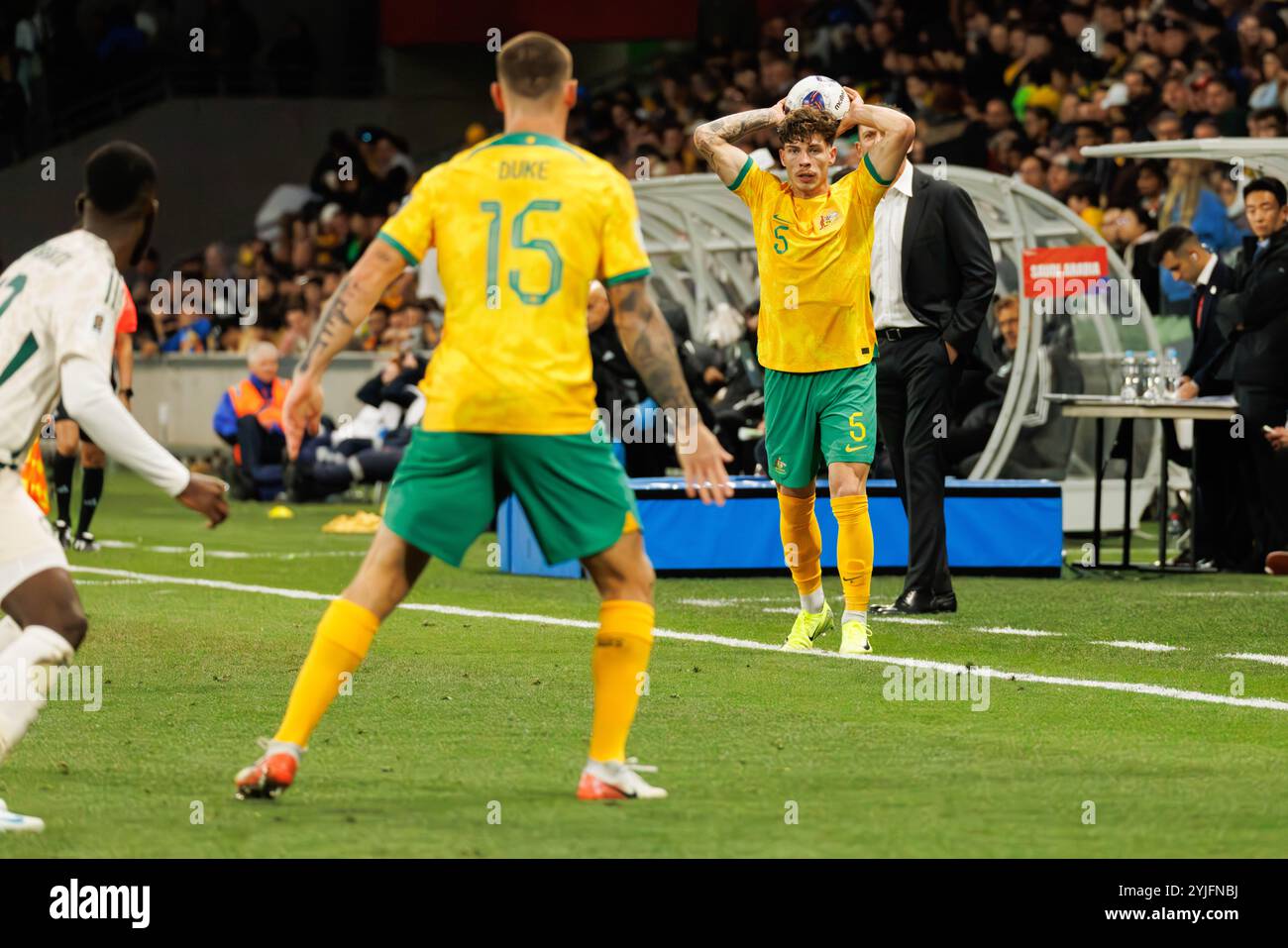 Melbourne, Australia. 14th Nov, 2024. Jordan Bos of Australia (R) seen in action during the third round of the FIFA World Cup 2026 Qualifier match between Australia Socceroos and Saudi Arabia at Melbourne Rectangular Stadium. Final score; Australia 0:0 Saudi Arabia (Photo by George Hitchens/SOPA Images/Sipa USA) Credit: Sipa USA/Alamy Live News Stock Photo