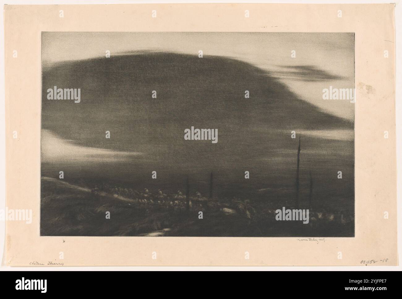 No Man's Land -- St. Mihiel Drive. Artist: Kerr Eby (American, Tokyo, Japan 1889-1946 Norwalk, Connecticut). Dimensions: Plate: 8 7/16 × 12 15/16 in. (21.4 × 32.9 cm) Sheet: 10 3/4 × 16 1/16 in. (27.3 × 40.8 cm). Date: 1919.  In 1917, soon after America entered the war, Eby enlisted in the army after being denied a commission as a war artist. He drove an ambulance and, later, produced camouflage for artillery. Eby's unit was part of the 1918 Saint-Mihiel Drive depicted here, an important American counteroffensive against the German army in northeastern France. Strong winds and driving rain mad Stock Photo