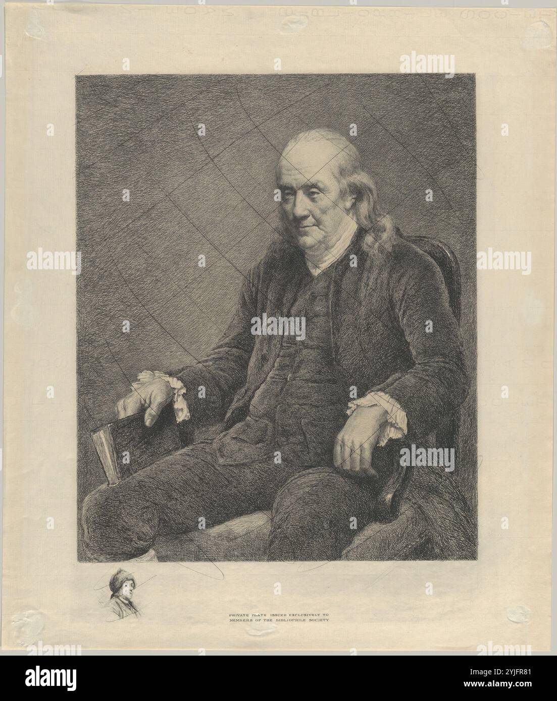 Benjamin Franklin. Artist: William Harry Warren Bicknell (American, Boston, Massachusetts 1860-1947 Winchester, Massachusetts). Dimensions: Sheet: 17 5/8 in. × 15 in. (44.7 × 38.1 cm). Date: ca. 1910. Issued exclusively to members of the Bibliophile Society of Boston. Small remarque of Franklin in a fur hat at lower left of margin. This print is of the cancelled plate, for original signed version see 41.71.10. Museum: Metropolitan Museum of Art, New York, USA. Stock Photo