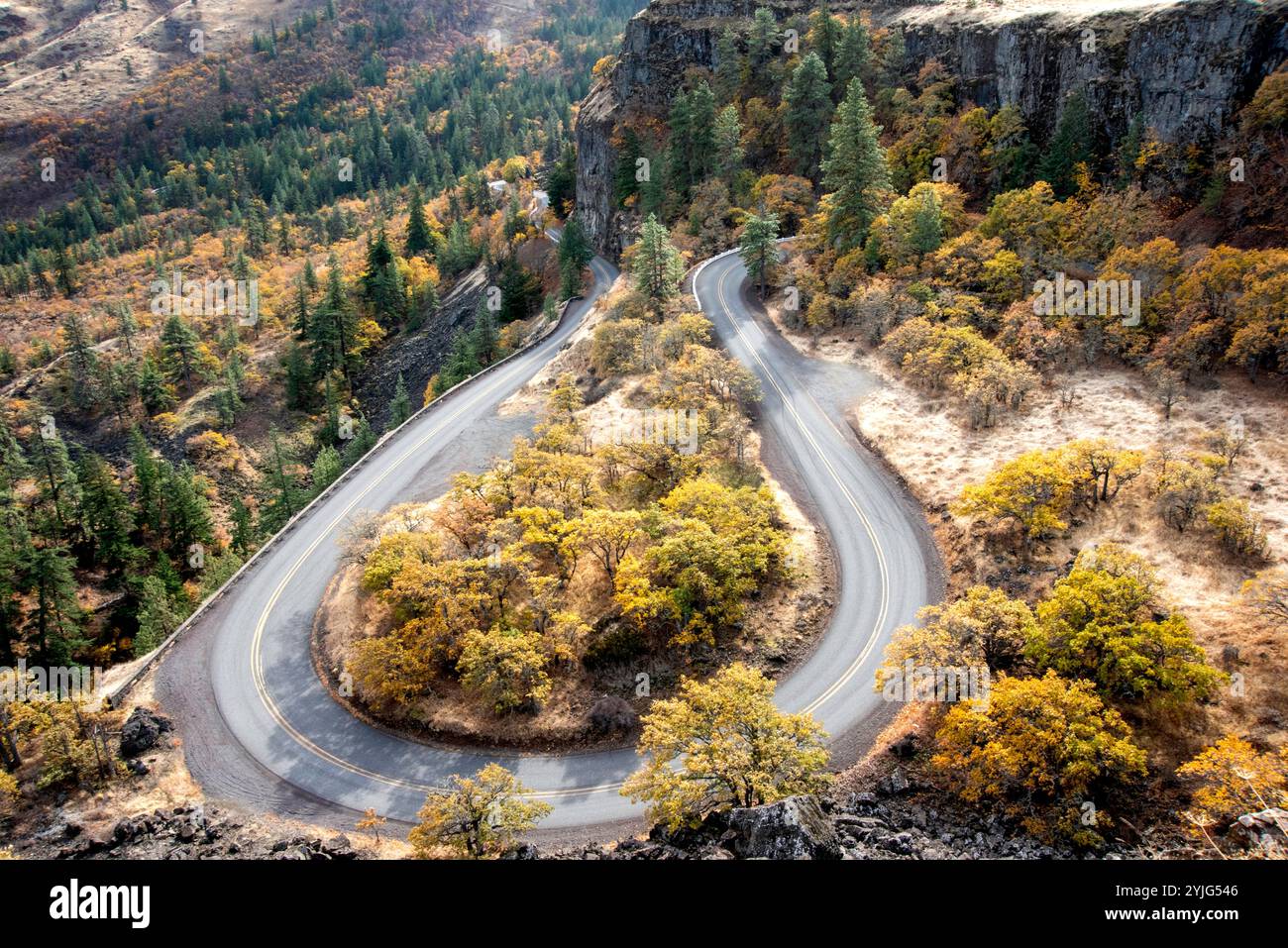 This stretch of the Historic Columbia River Highway is known as the Rpwena Loops.  Named for the little nearby village of Rowena, the road climbs up t Stock Photo