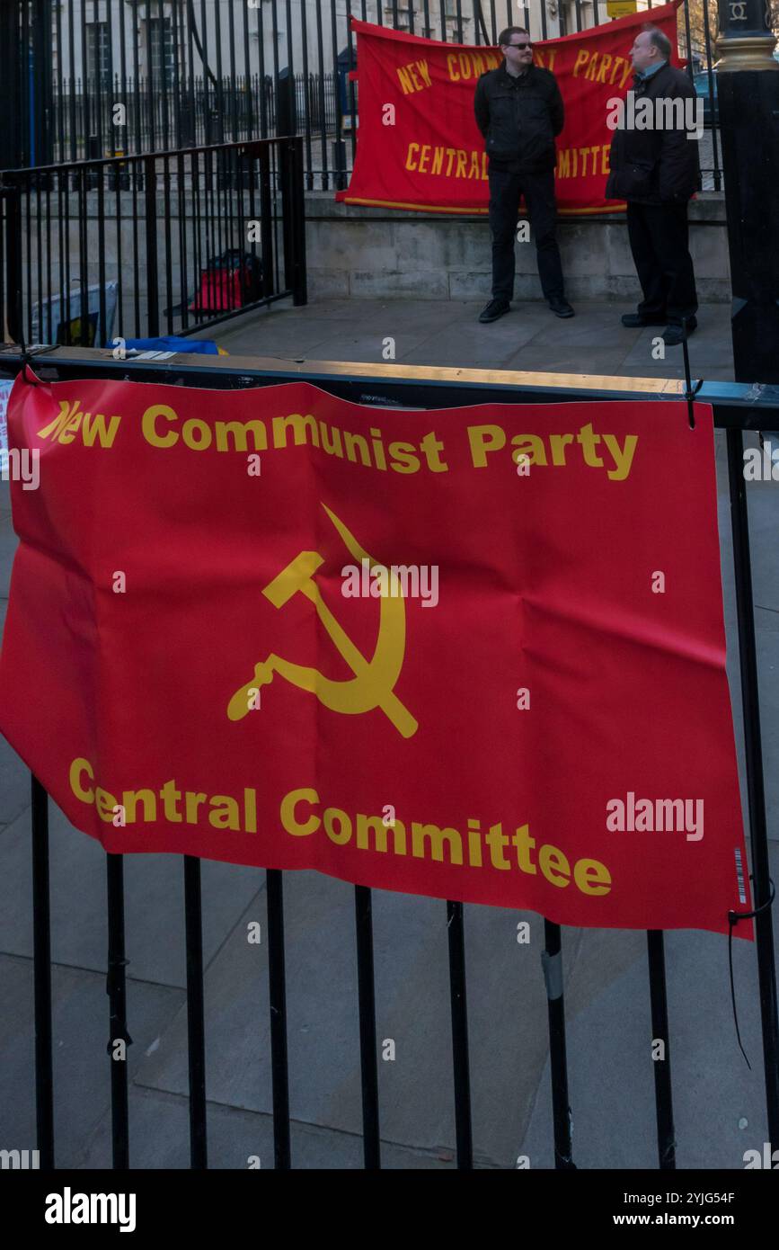 London, UK. 17th February 2018. Campaigners at Downing St condemn the delivery of $350 millon of US weapons to Kiev in preparation for a war against the self-declared Donbass republics of Donetsk and Lugansk which it says are 'occupation administrations' of the Russian Federation. The Ukrainian government in Kiev has refused to implement the 2015 Minsk II agreement negotiated by Germany, Russia, Ukraine and France with the Donbass republics recognised as participants. They say that the 2014 Maidan coup came one week after a visit to Kiev by CIA boss John Brennan and was US-backed and opposed b Stock Photo