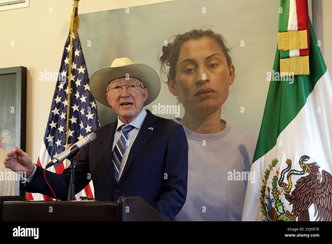 Non Exclusive: U.S. Ambassador to Mexico Ken Salazar speaking during a briefing where he reiterated his support for the Government of Mexico in cooper Stock Photo