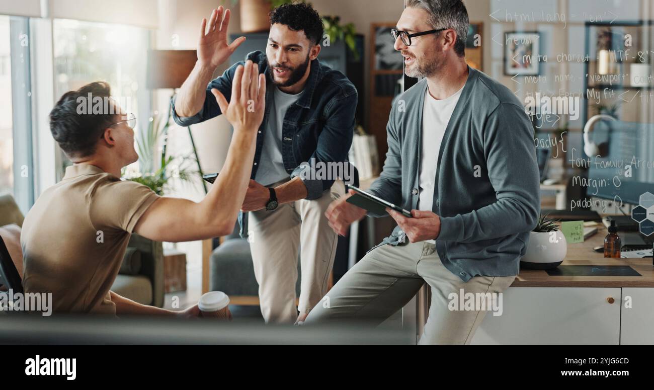 Programmer, teamwork and high five with business people in office for ...