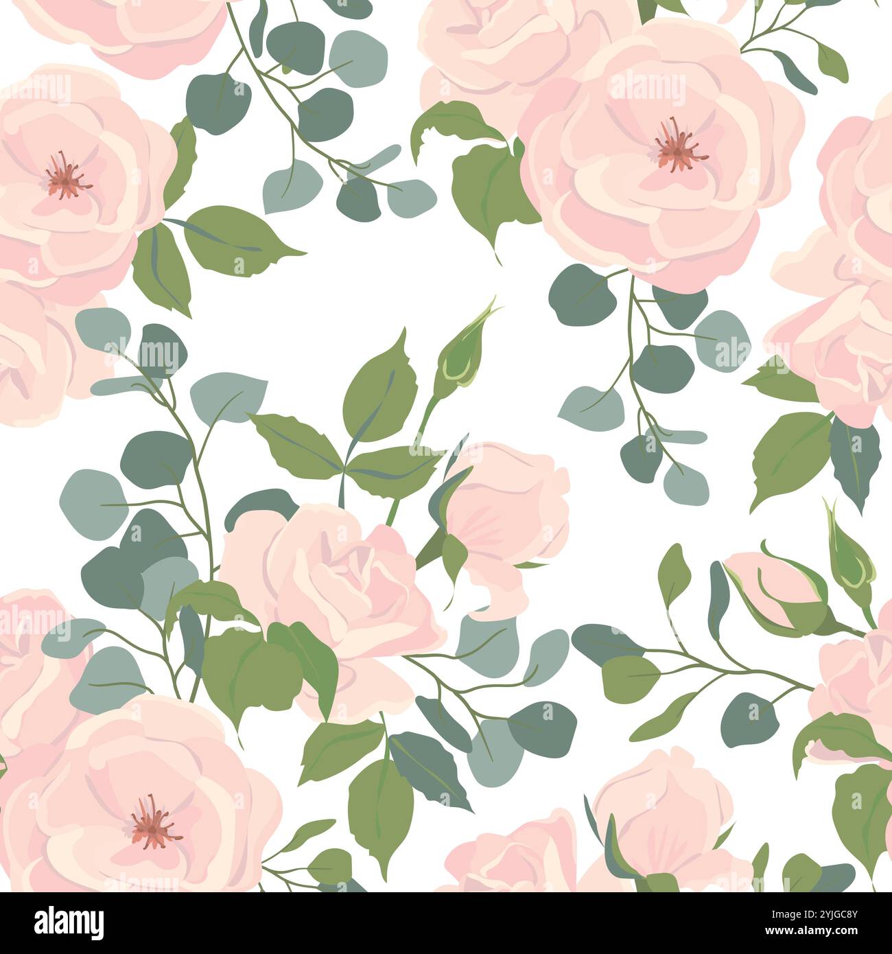 Seamless pattern of light pink roses and eucalyptus branches. Vector background of beautiful flowers, buds, leaves. Flat style illustrations for wedding invitations, greeting cards. Stock Vector