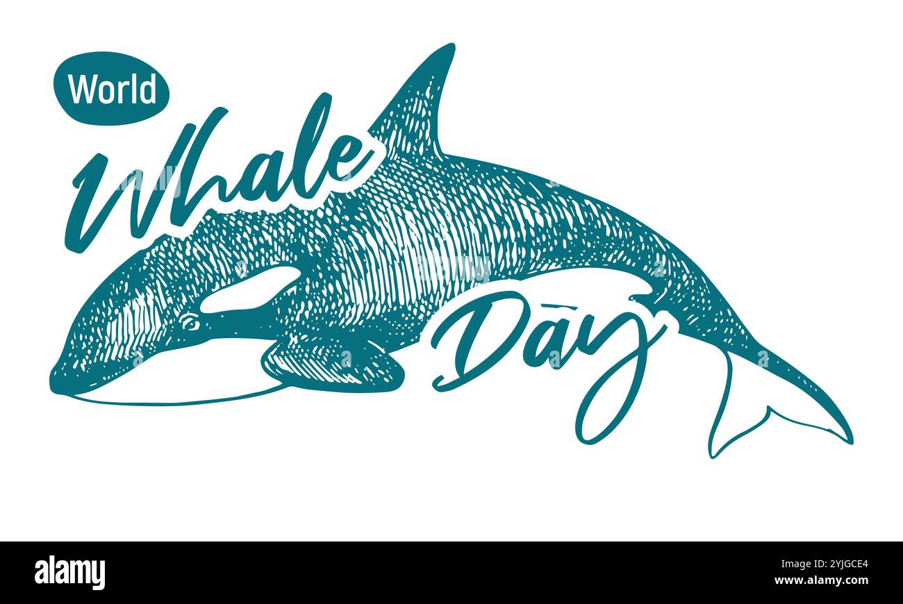 Whale Day emblem, February 19, 2025. Vector linear drawing of killer ...