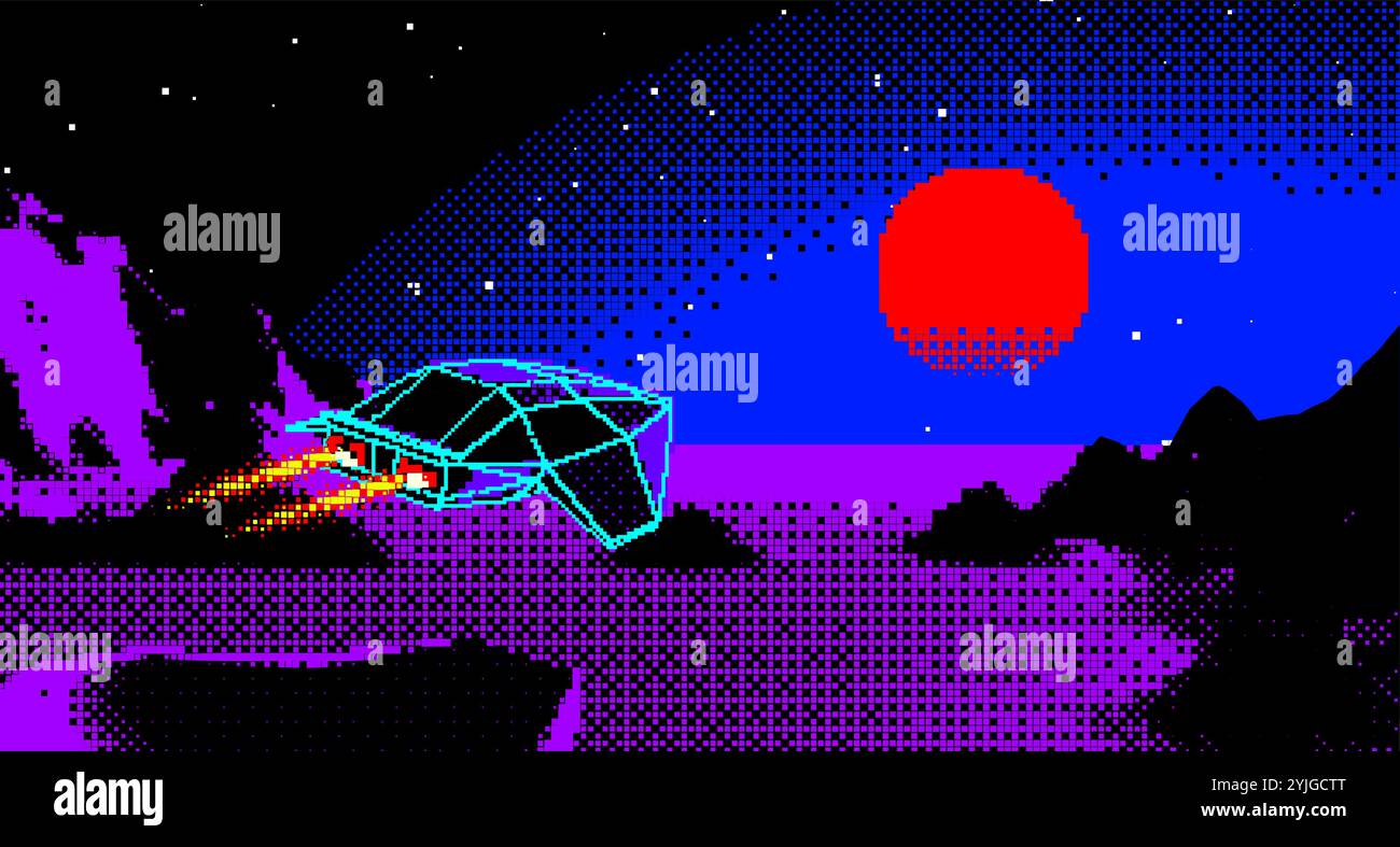 Arcade space ship flying to the sun over the blue landscape in 8bit pixel style with 3D mountains. 80s style synthwave or retrowave art Stock Vector