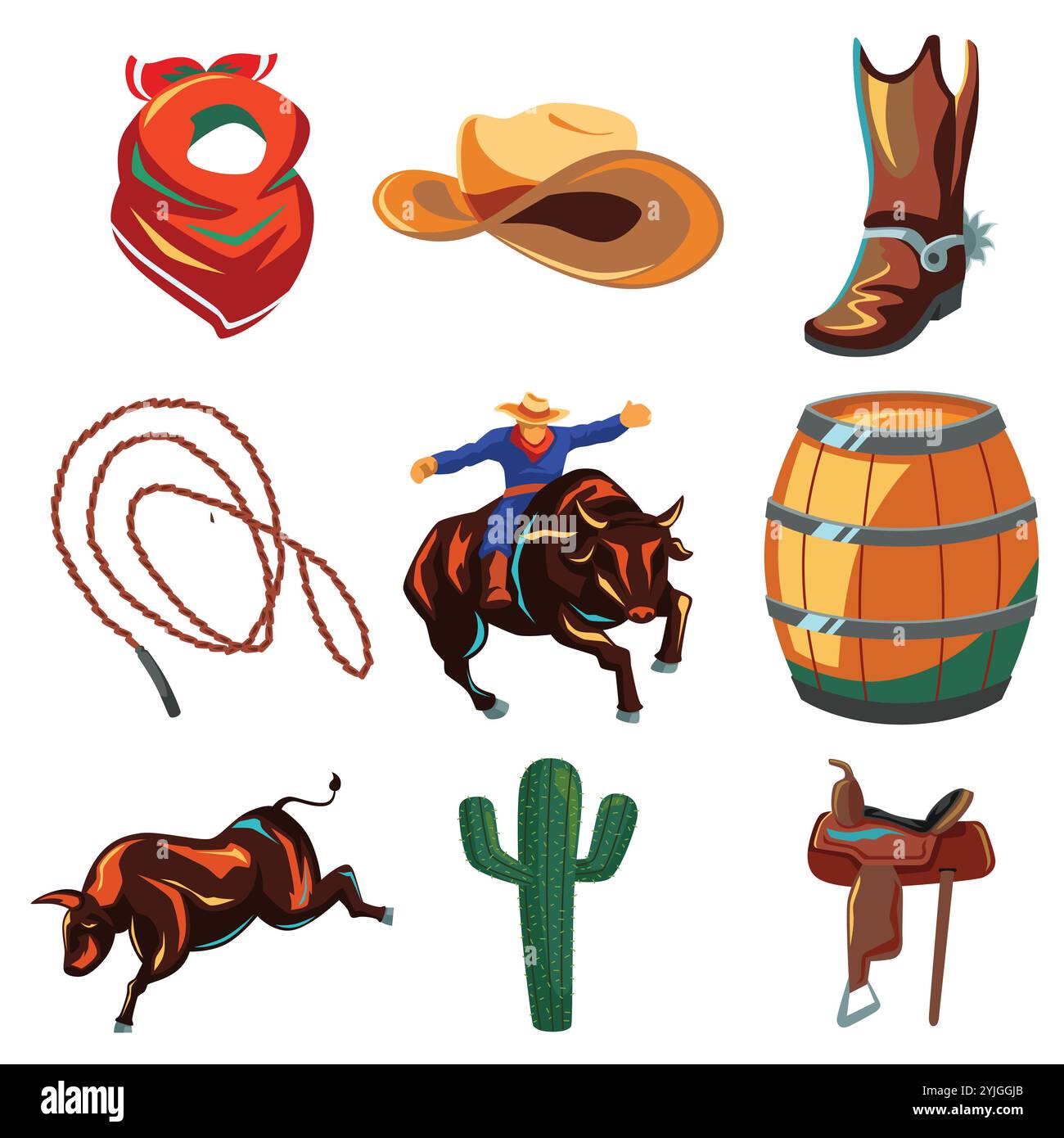 A vector illustration of Riding Bull Cowboy Icon Sets Stock Vector