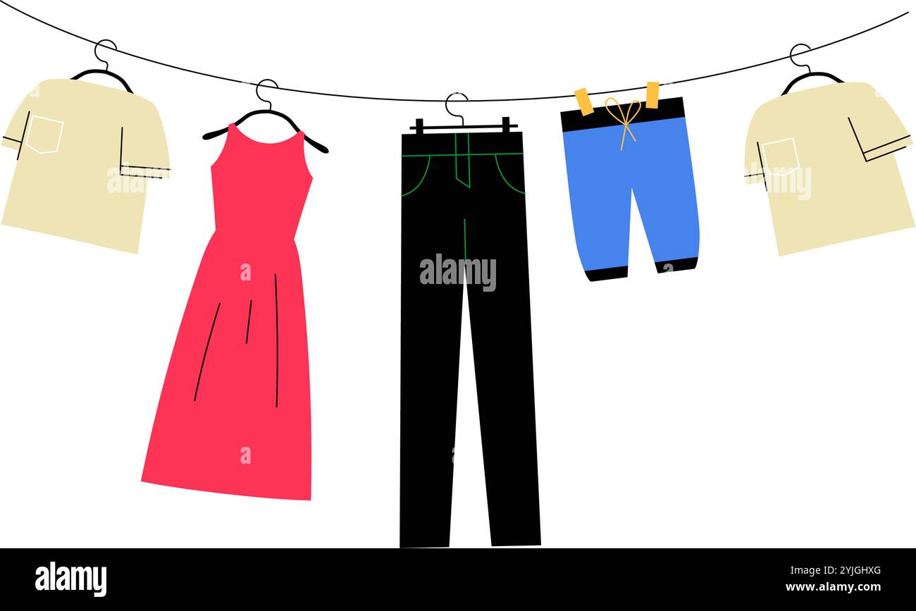 Clothes Hanging On A Laundry Line In Flat Vector Illustration ...