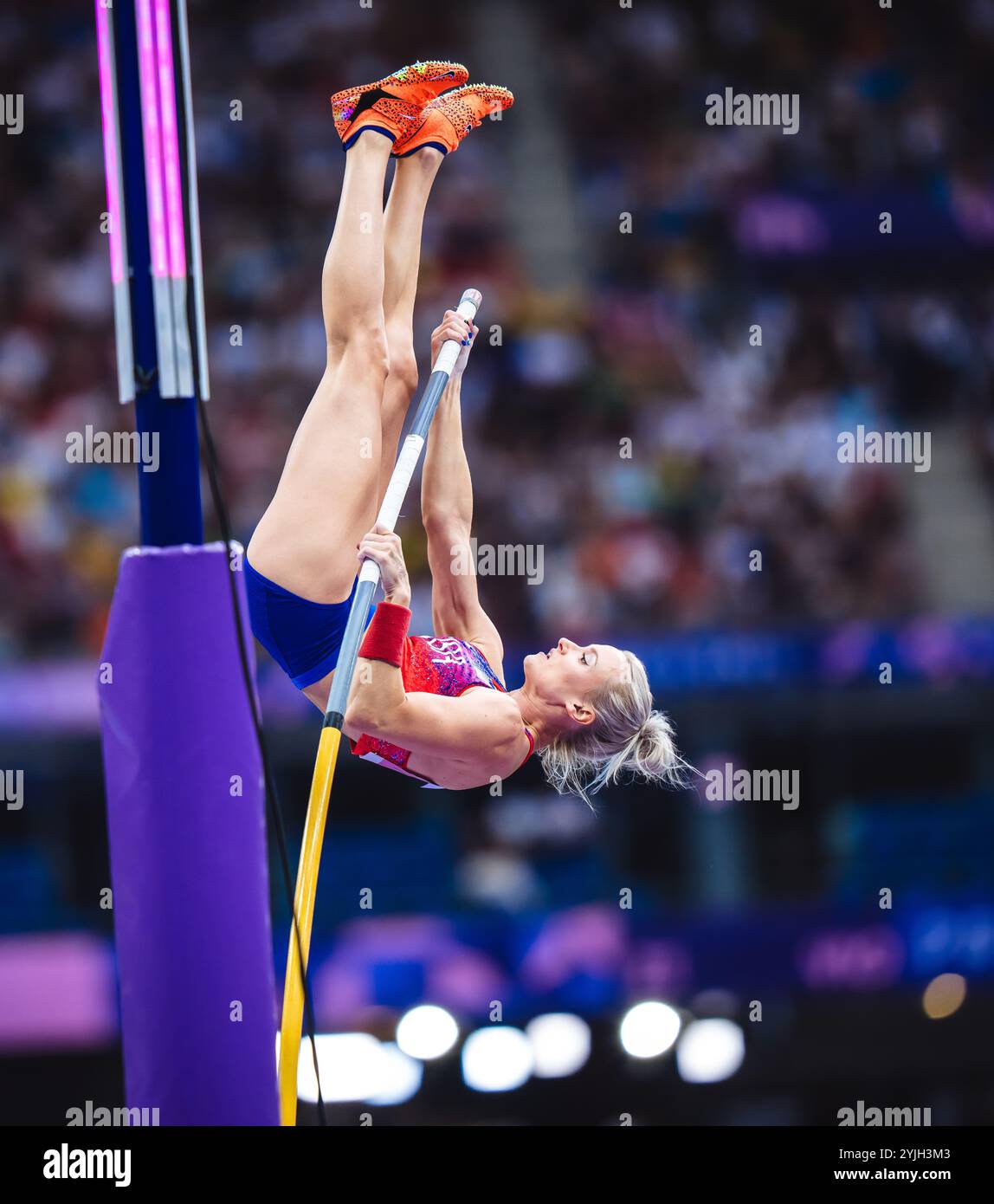 Katie Moon participating in the pole vault at the Paris 2024 Olympic ...
