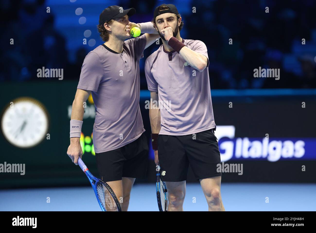 Turin, Italy. 14th Nov, 2024. Jordan Thompsos of Australia (R) speaks with Max Purcell of Australia (L) during the Round Robin doubles match between Marcel Granollers of Spain and Horacio Zeballos of Argentina against Max Purcell of Australia and Jordan Thompson of Australia on day five of the Nitto ATP finals 2024 at Inalpi Arena on November 14, 2024 in Turin, Italy. Credit: Marco Canoniero/Alamy Live News Stock Photo