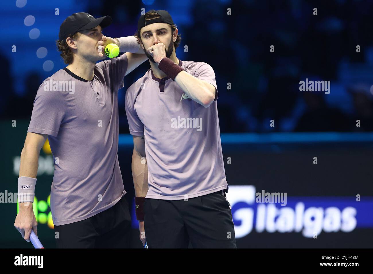 Turin, Italy. 14th Nov, 2024. Jordan Thompsos of Australia (R) speaks with Max Purcell of Australia (L) during the Round Robin doubles match between Marcel Granollers of Spain and Horacio Zeballos of Argentina against Max Purcell of Australia and Jordan Thompson of Australia on day five of the Nitto ATP finals 2024 at Inalpi Arena on November 14, 2024 in Turin, Italy. Credit: Marco Canoniero/Alamy Live News Stock Photo