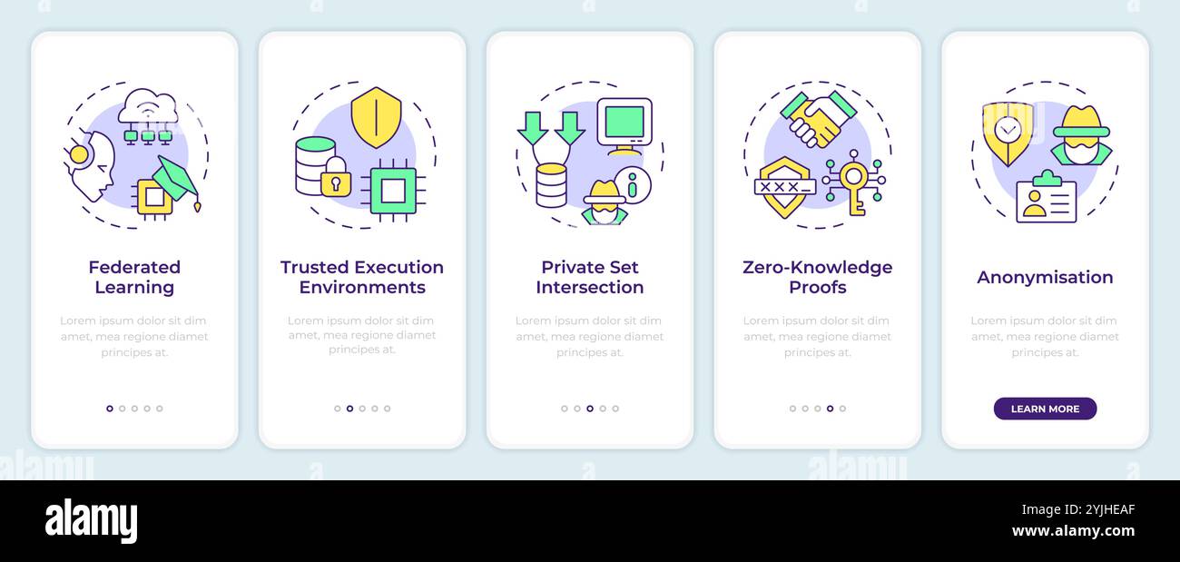 Privacy-enhancing technologies types onboarding mobile app screen Stock Vector