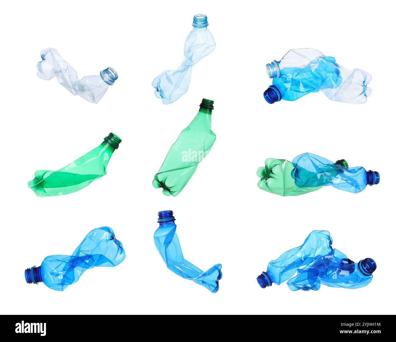 Many crumpled plastic bottles on white background, collage Stock Photo ...