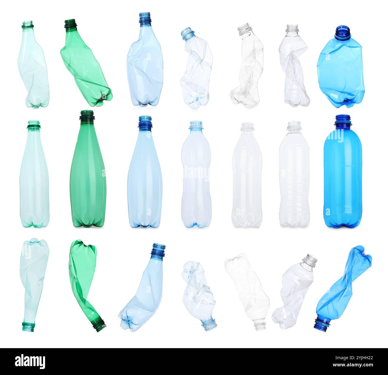 Whole and crumpled plastic bottles on white background, collage Stock ...