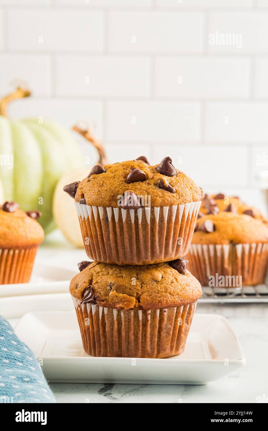 Stacked pumpkin chocolate chip muffins Stock Photo