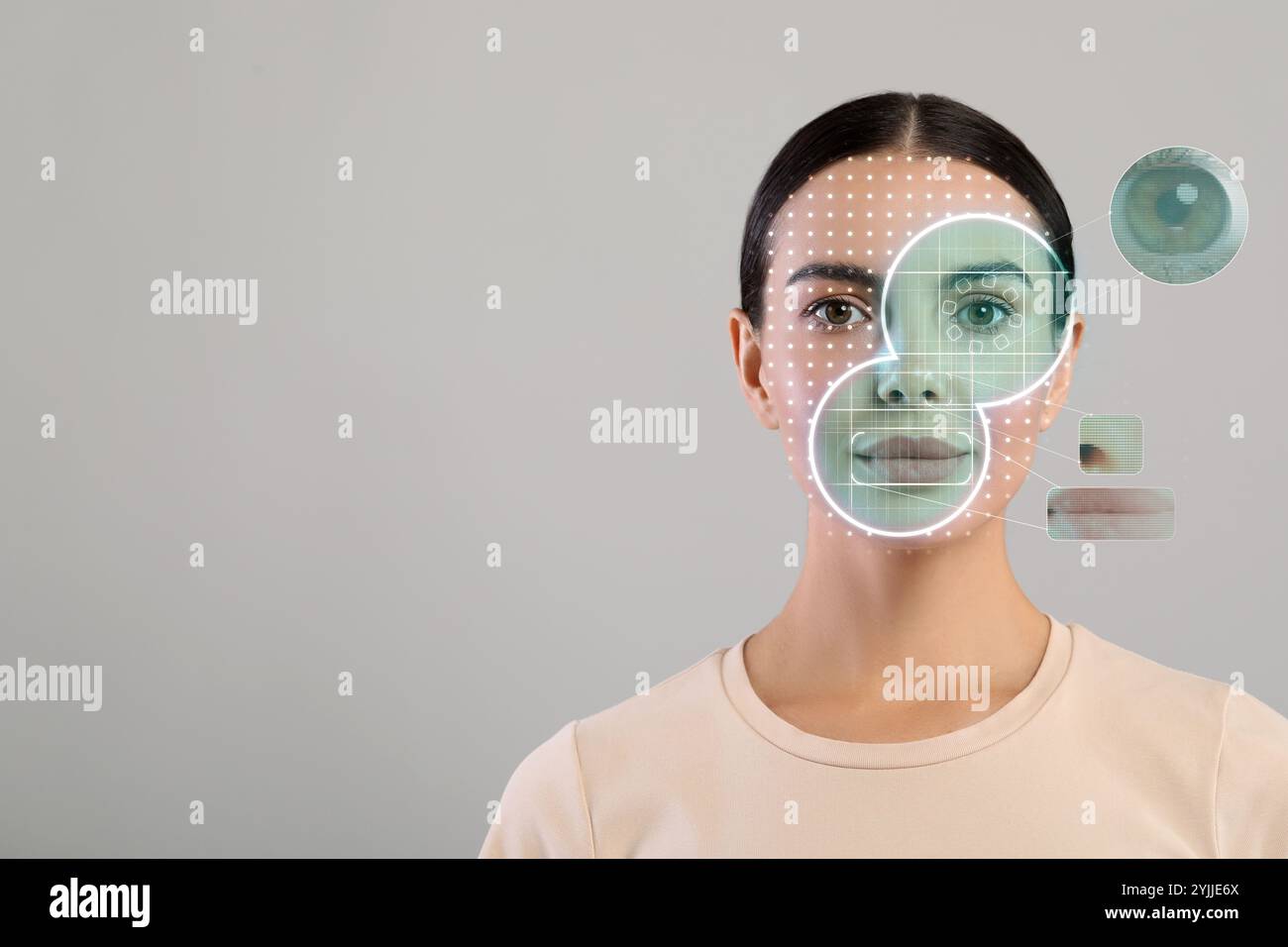 Facial and iris recognition system. Woman undergoing biometric ...
