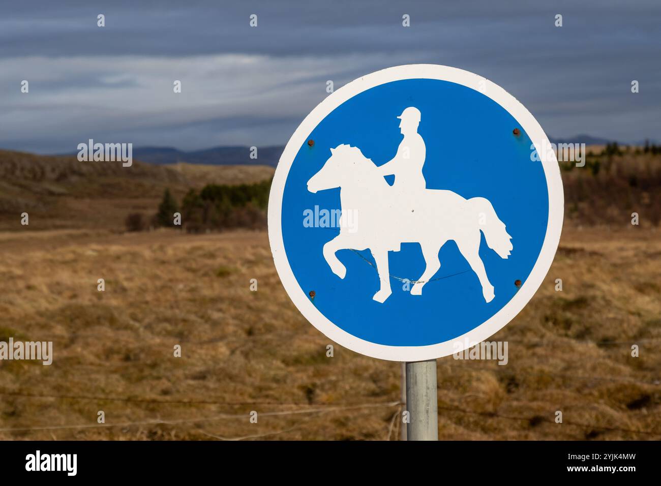 Round blue traffic sign, warning there are horse riders. Autumn ...