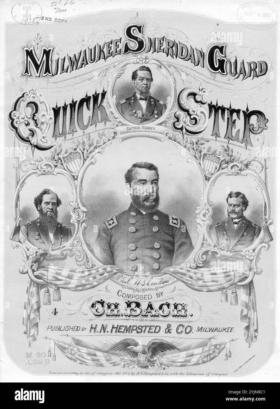 Sheridan Guards quickstep, Bach, Ch. (composer), H. N. Hempsted & Co., Milwaukee, 1871., United States, History, Civil War, 1861-1865, Songs and music, Sheridan, Philip Henry, 1831-1888, Songs and music, Sheridan, Philip Henry, 1831-1888, Portraits, Quicksteps, Piano music, Milwaukee (Wis.), History, Military, 19th century, Songs and music, Soldiers, United States, Portraits, Popular Songs of the Day, Songs and Music, War and Conflict, Civil War and Reconstruction (1861-1877), Music associated with the Union side, sheet music Stock Photo