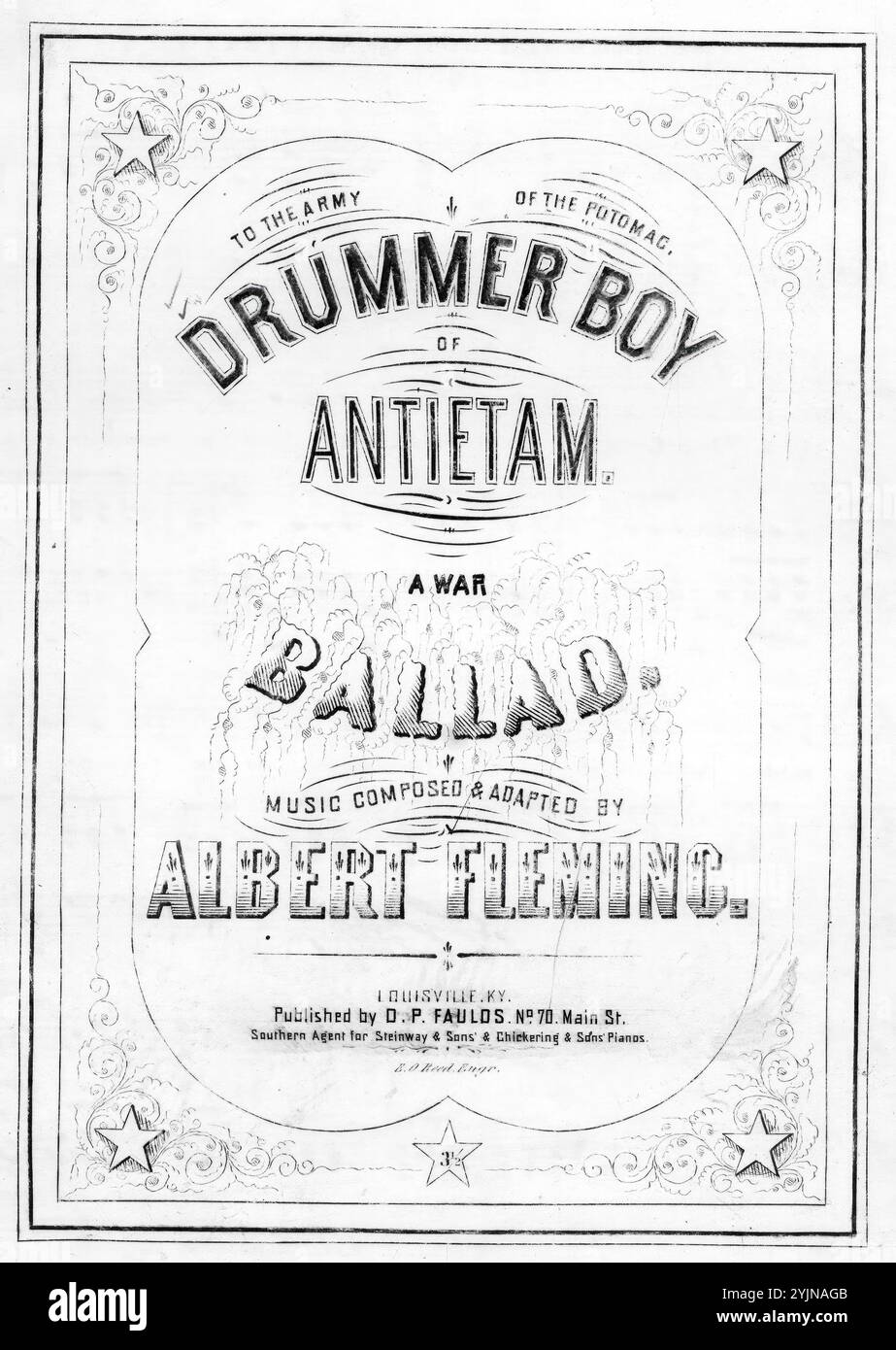 The Drummer boy of Antietam, Fleming, Albert (composer), D. P. Faulds, Louisville, 1863., United States, History, Civil War, 1861-1865, Songs and music, Antietam, Battle of, Md., 1862, Songs and music, Songs with piano, Sheet music, Catalogs, United States, History, Civil War, 1861-1865, Participation, Juvenile, Songs and music, Drummers (Musicians), United States, Songs and music, United States, History, Civil War, 1861-1865, Casualties, Songs and music, United States. Army of the Potomac, Songs and music, Soldiers, United States, Death, Songs and music, Popular Songs of the Day, Songs and Mu Stock Photo