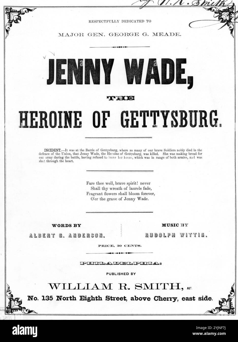 Jenny Wade, Wittig, Rudolph (composer), Anderson, Albert G. (lyricist), William R. Smith, Philadelphia, 1864., United States, History, Civil War, 1861-1865, Songs and music, Wade, Mary Virginia, d. 1863, Songs and music, Gettysburg, Battle of, Gettysburg, Pa., 1863, Songs and music, Songs with piano, Meade, George Gordon, 1815-1872, Songs and music, Popular Songs of the Day, Songs and Music, War and Conflict, Civil War and Reconstruction (1861-1877), Music associated with the Union side, sheet music Stock Photo