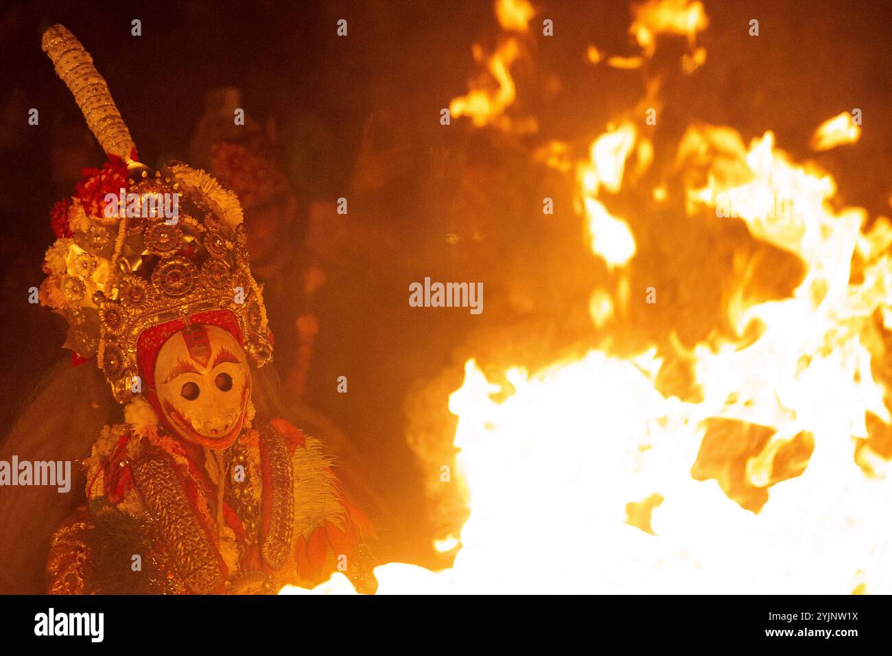 Lalitpur, Nepal. 15th Nov, 2024. On November 15, 2024, in Lalitpur, Nepal. A medium dressed as Narasimha, the fourth avatar of the Hindu god Vishnu, showcases a historic dance during the second last day of Kartik Nach, a traditional storytelling dance that dates back 384 years. This annual event, which takes place over more than a week, is performed in Patan Durbar Square, bringing centuries-old tales to life. (Photo by Abhishek Maharjan/Sipa USA) Credit: Sipa USA/Alamy Live News Stock Photo