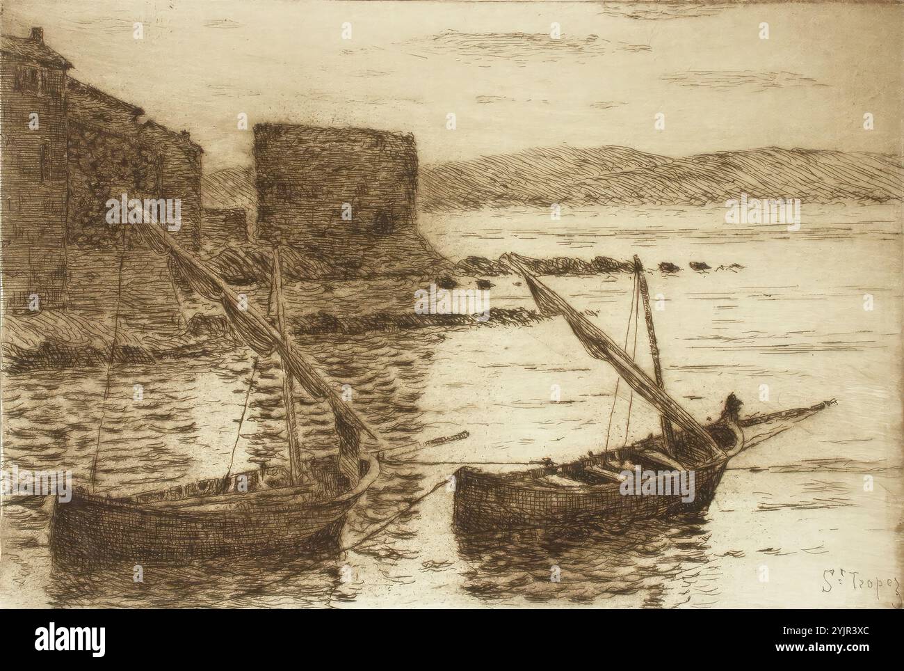 Finch, Alfred William, work, Coastal landscape from St. Tropez (etching portfolio), technique text: line etching, printmaking, LANDSCAPE, sea, Sailboats, beach, city, plate width 20.1 cm, plate height 13.6 cm, leaf width 44.4 cm, leaf height 31 cm Stock Photo