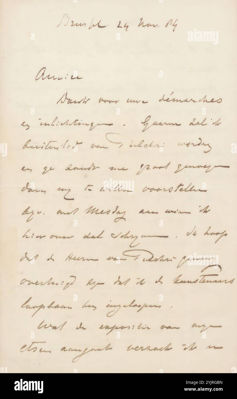 Letter to Philip Zilcken, printed, writer: Carel Nicolaas Storm van 's-Gravesande, Brussels (city), 24-nov-1884, paper ink, writing, pen, exhibition, art, the graphic arts, Brussels (city), Wolfheze, Philip Zilcken, Pulchri Studio, Hendrik Willem Mesdag, Tony Lodewijk George Offermans, Willem Oppenoorth, Hermanus Gijsbertus Tersteeg, Kunst van Heden, Thérèse Schwartze, Nieuwe Rotterdamsche Courant Stock Photo