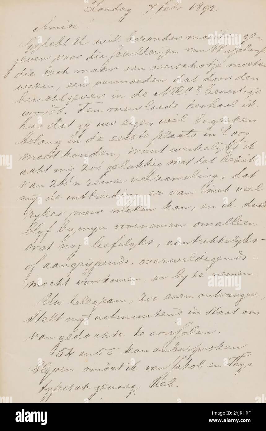 Letter to Jan Veth, writer: M.C. Lebret, 7-Feb-1892, paper ink, writing, pen, painting (including book-illumination, miniature-painting), art collecting, historical persons (portraits and scenes from life), Jan Veth, Hendrik Jan van Wisselingh, Nieuwe Rotterdamsche Courant, Jacob Maris, Matthijs Maris, Tony Lodewijk George Offermans, François Duchatel, George Hendrik Breitner, Frederik Muller & Co Stock Photo