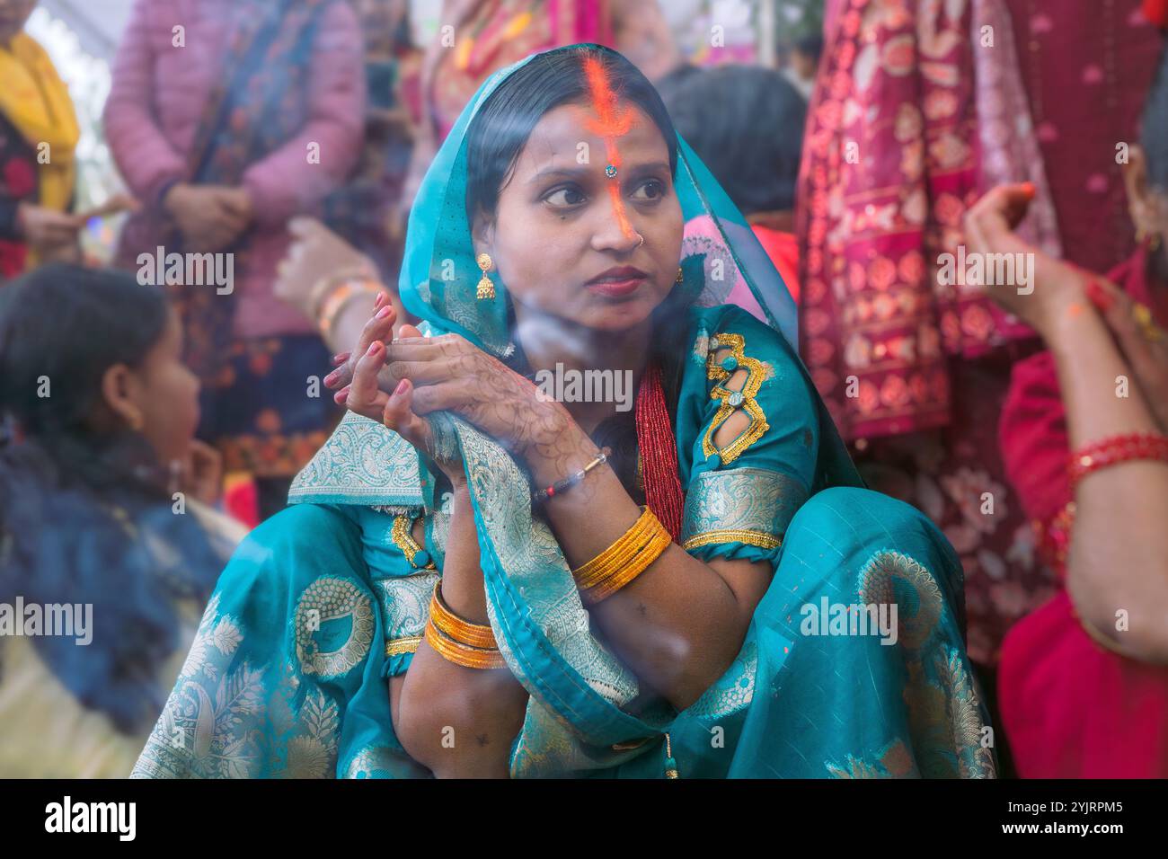 Kathmandu, Nepal - November 07, 2024 : Chhath Puja Parwa Sun God Celebration with Fruits, Lights and Lamps in river side pond in Nepal and India with Stock Photo