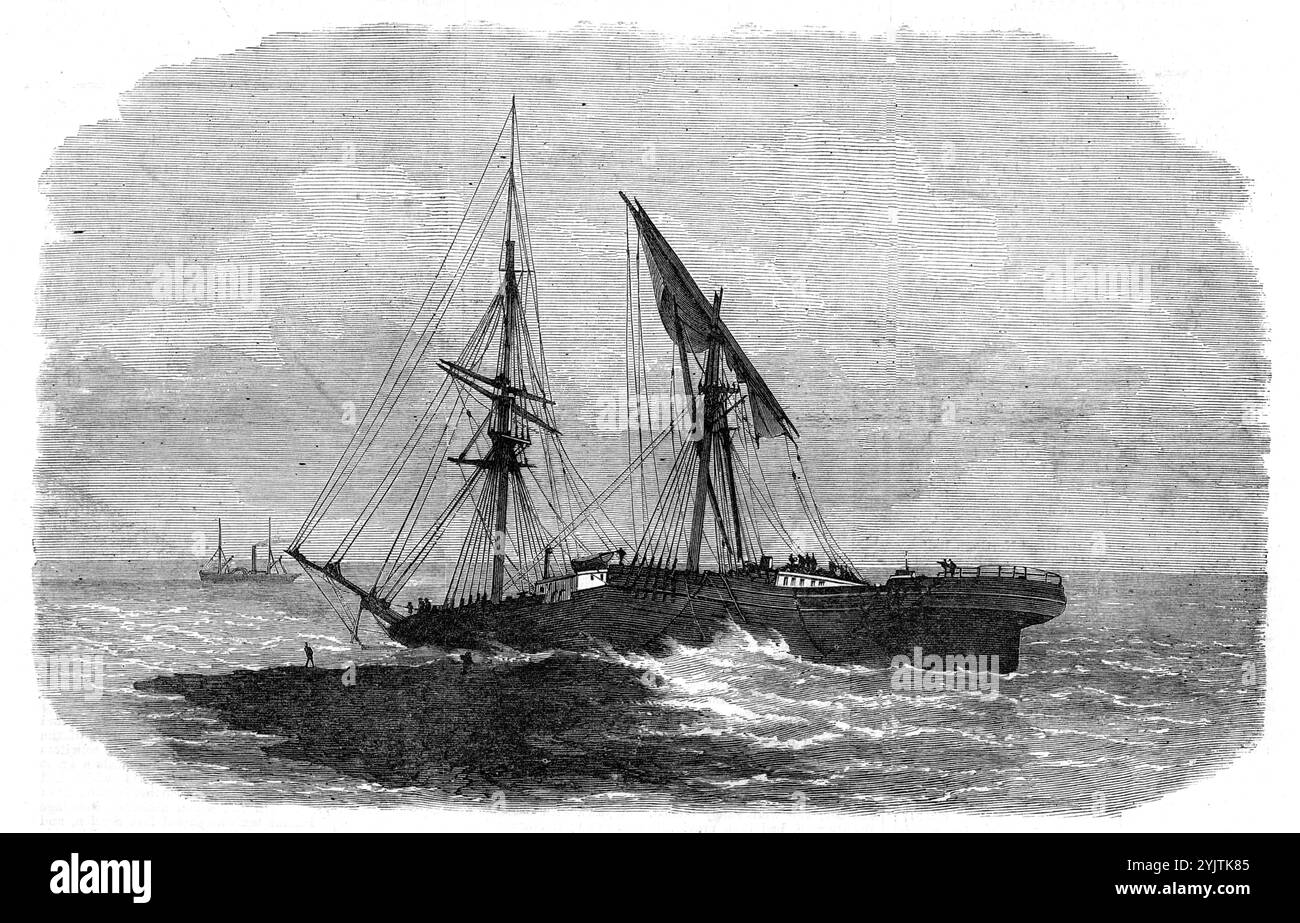 Wreck of the Young Australia on Moreton Island, Queensland, 1872. 'This vessel was wrecked, on May 31, on the north point of Moreton Island, nearly opposite the harbour of Brisbane, the chief port and town of Queensland. She had left that port a few days before, on her voyage to London, with about thirty passengers, including four ladies, and a cargo of wool, cotton, tallow, and Australian preserved meat. It was at noonday, and there was no wind; but a strong southerly current, in the channel between the isle and the mainland, with a heavy easterly swell, carried the ship on the rocks at her b Stock Photo
