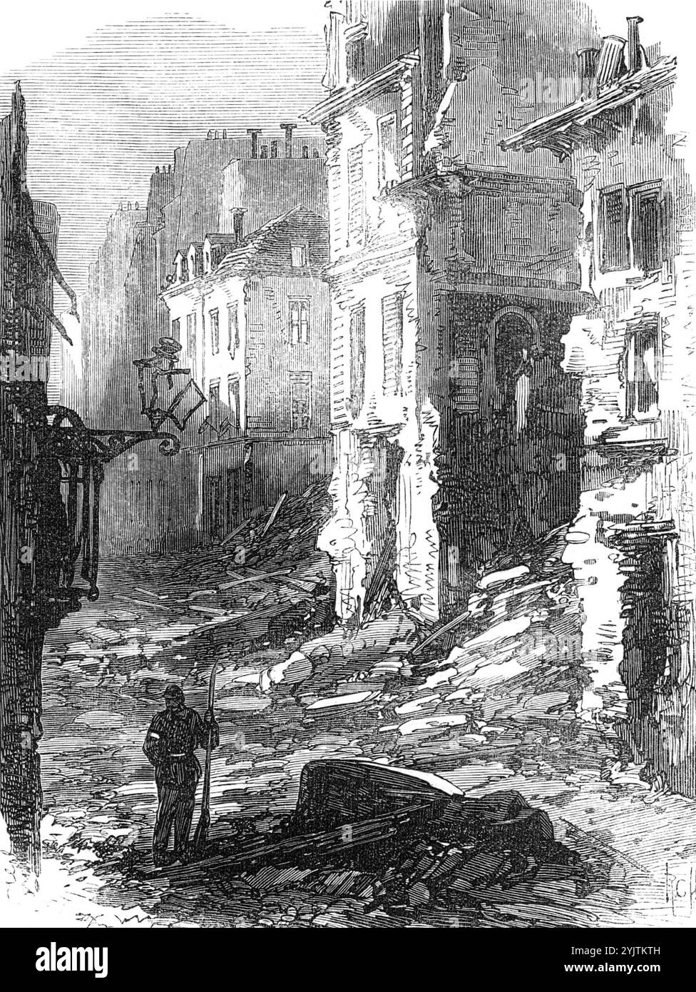 The Ruins of Paris: the rue du Bac, 1871. The last of the Paris Commune: '...ruins of public buildings, destroyed by the fury of the Communist faction... The Rue du Bac is situated in a line with the Pont Royal, the bridge that crosses the Seine at the south end of the Tuileries, opposite the Pavilion de Flore. Looking up this street, from the Quai d'Orsay, on which, to the right hand, are the ruins of the Palaces of the Council of State and the Legion of Honour, with the barracks adjoining the first-named edifice, a scene of havoc and dire confusion was beheld'. From &quot;Illustrated London Stock Photo