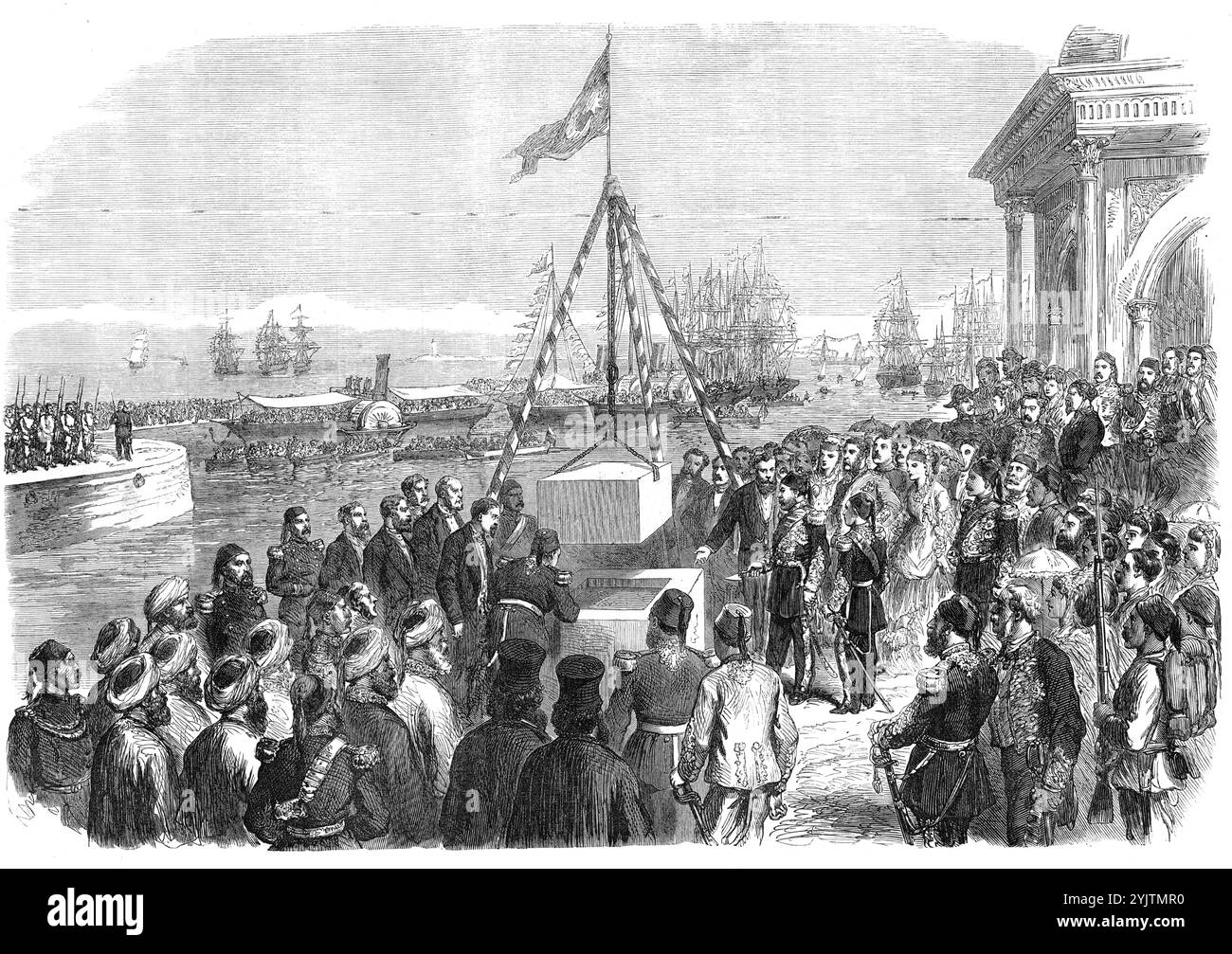 The Khedive of Egypt laying the first stone of the harbour works at Alexandria, 1871. '...on a wharf near the Mahmoudieh Canal...were assembled all the Ministers, with Colonel Stanton, C.B., the representative of Great Britain...All the ships in the harbour were gaily decorated with flags, and it was remarked that the Khedive's vessels were by his special order flying the English flag at the main, a compliment to the contractors for the work, Messrs. Greenfield and Co., and to the British nation...The Khedive,...accompanied by two of his sons...[was] received by Colonel Stanton, Mr. Greenfield Stock Photo