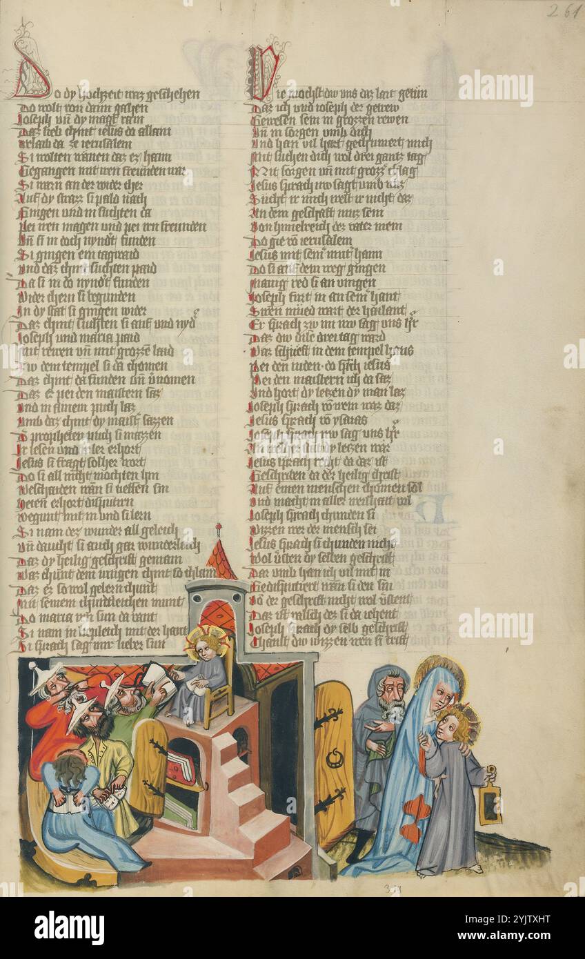 Jesus Among the Doctors; Weltchronik, about 1400-1410.  Additional Info: Quote Text: They found him in the temple, sitting among the doctors, hearing them, and asking them questions. And all who heard him were astonished at his wisdom and his answers. (Luke 2:46-47). To the left, a tremendously precocious Jesus disputes with the elders of the temple. He is presented here in the guise of a medieval teacher, seated on a raised podium before his &quot;pupils.&quot; To the right, we see Jesus appearing as the pupil himself. He holds in his hand a wax tablet, the medieval version of the notebooks i Stock Photo