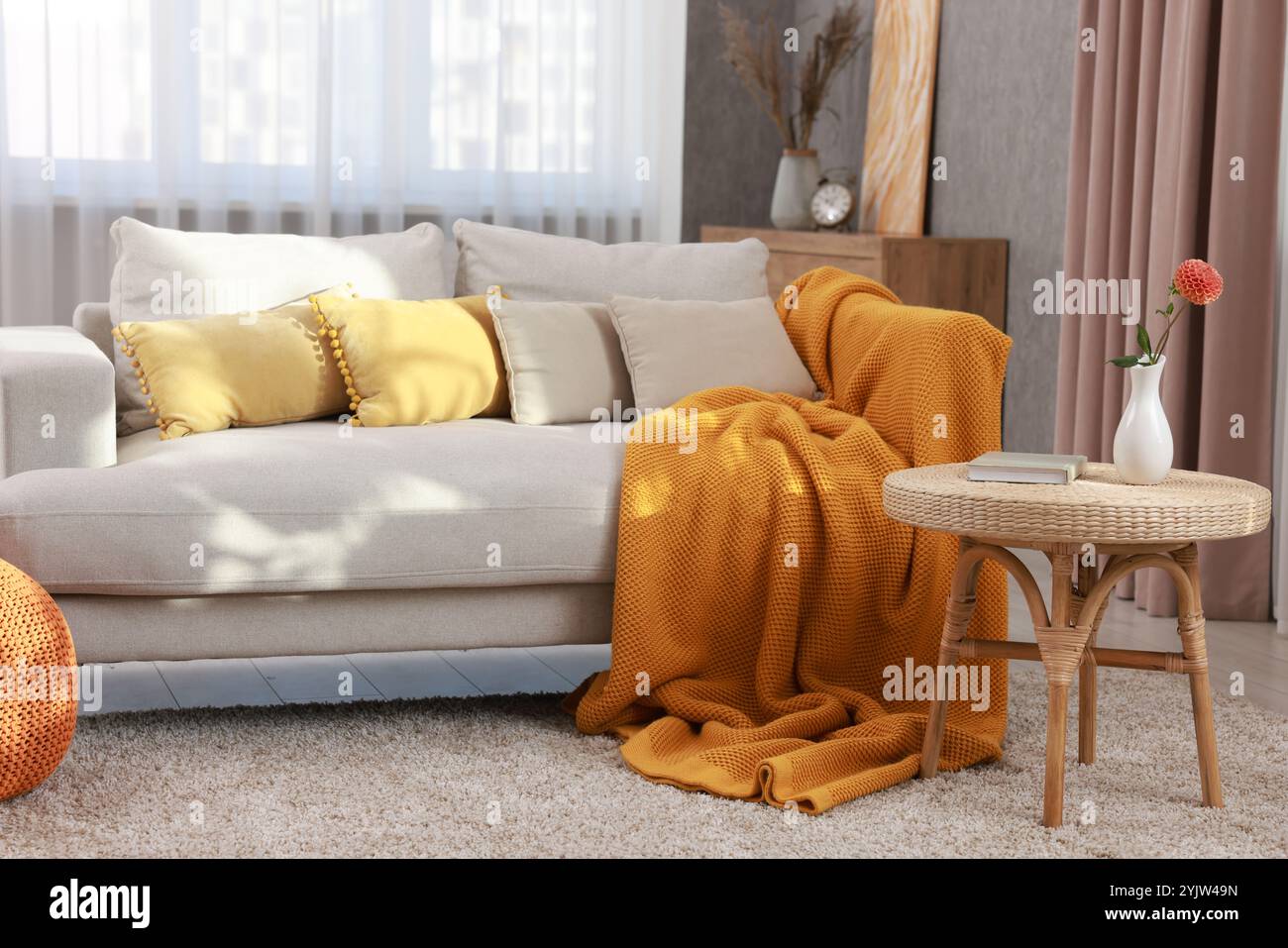 Stylish living room with sofa and coffee table. Interior design Stock ...