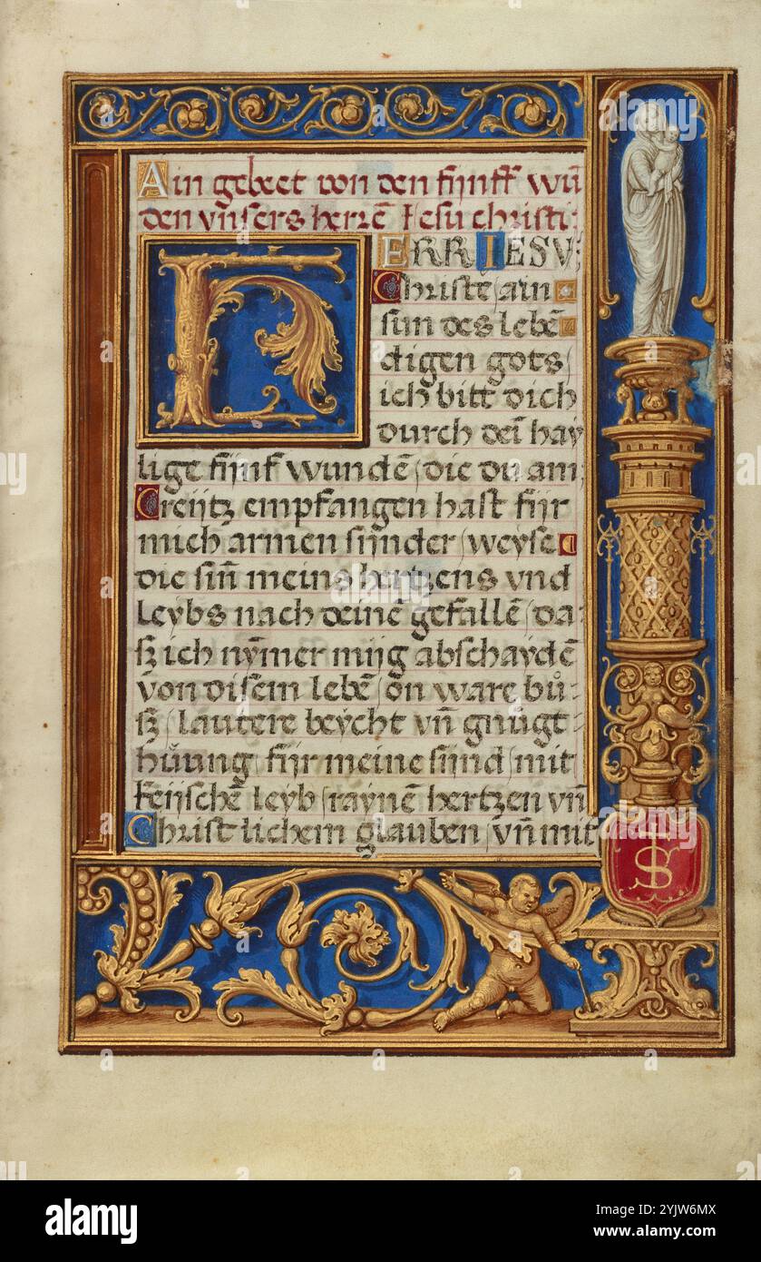 Decorated Text Page; Prayer Book of Cardinal Albrecht of Brandenburg, about 1525-1530.  Additional Info: A text discussing the Five Wounds of Christ faces a picture of those wounds being venerated. Some scholars consider the monogram in gold on a red field to the lower right to be the Initial of the artist, Simon Bening, appropriately found on the last illuminated page. In the upper right, an elaborate golden pedestal supports a statue of the Virgin and Child. By alluding to the beginning of Christ's life, this subject complements the facing scene, which makes reference to the end of his life. Stock Photo