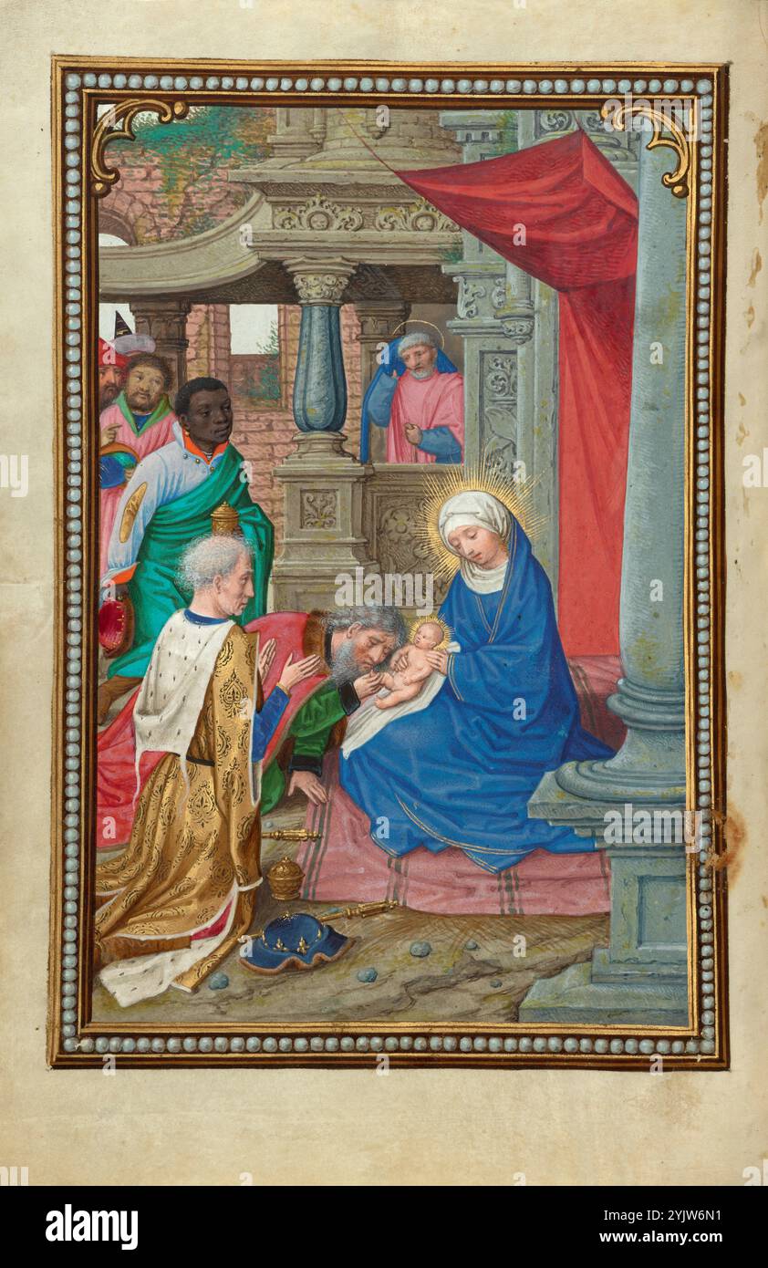 The Adoration of the Magi; Prayer Book of Cardinal Albrecht of Brandenburg, about 1525-1530.  Additional Info: Although the Virgin and child sit humbly on a carpet on the ground, the red cloth canopy defines the area where they sit as royal. The three Magi, traditionally described as kings from the East, approach the newborn Christ with sumptuous gifts. Despite their fine clothing, the kings pay homage to Christ by kneeling or bending down to kiss the infant's feet. The base of the large classical column in the foreground and the beautiful pearls painted as if set into the surrounding frame fu Stock Photo