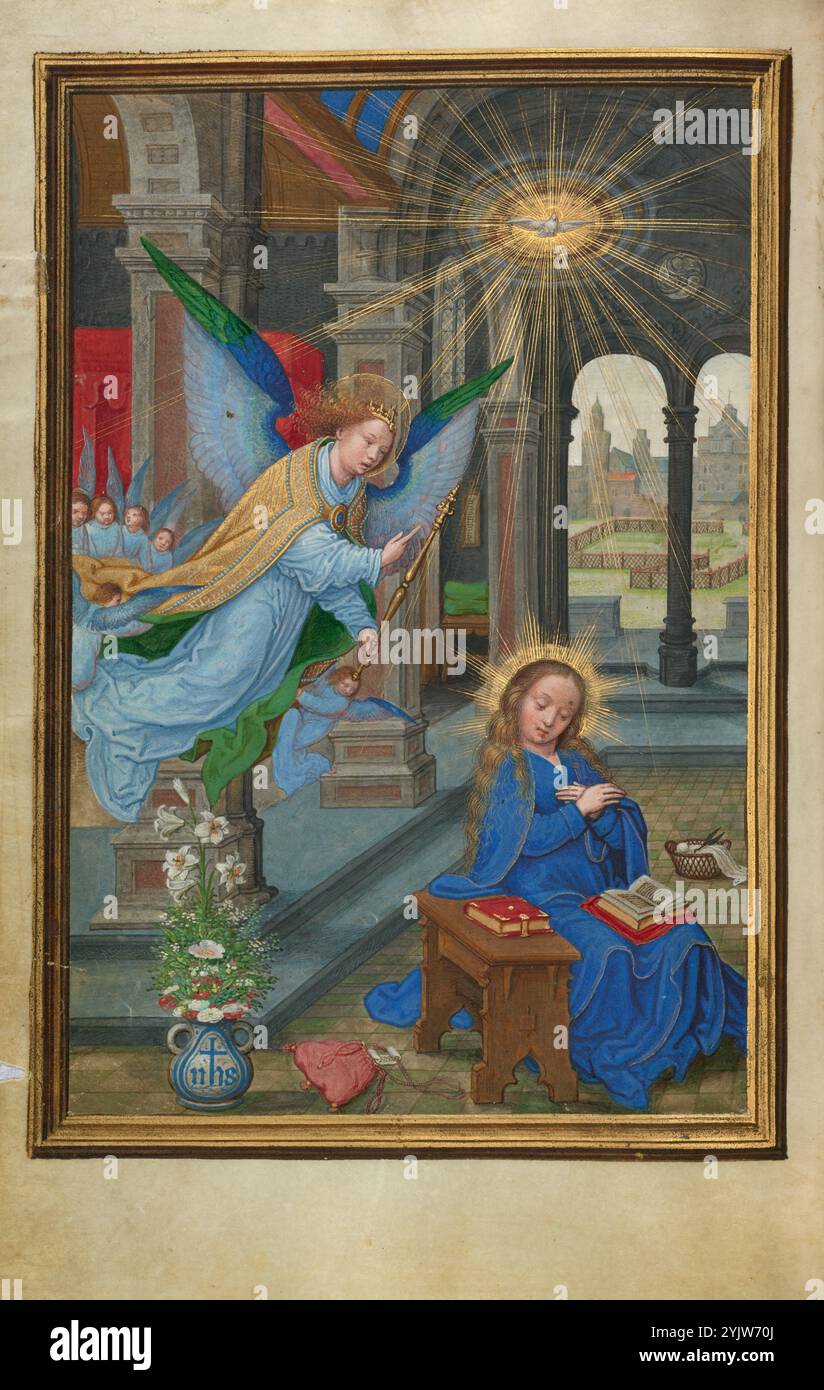 The Annunciation; Prayer Book of Cardinal Albrecht of Brandenburg, about 1525-1530.  Additional Info: Seated on a low stool with her arms folded in a gesture of humility, the Virgin gazes piously at a prayer book opened on her lap. Into this quiet scene of domestic tranquility enters the angel Gabriel to tell Mary that she will bear the son of God. Floating in the air, suspended between heaven and earth, Gabriel points up toward the light of the Holy Spirit, which fills the room with divine illumination. Thus Simon Bening movingly and masterfully represented God taking on human flesh and the r Stock Photo