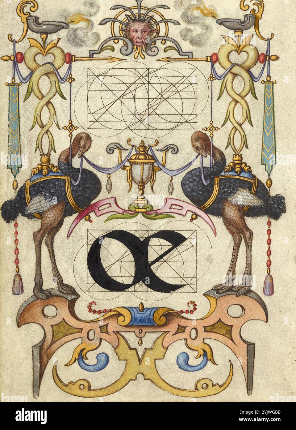 Guide for Constructing the Ligature oe; Mira calligraphiae monumenta, about 1591-1596. In writing and typography, a ligature occurs where two or more graphemes or letters are joined to form a single glyph.  Additional info: In the 1500s, as printing became the most common method of producing books, intellectuals increasingly valued the inventiveness of scribes and the aesthetic qualities of writing. From 1561 to 1562, Georg Bocskay, the court secretary to the Holy Roman Emperor Ferdinand I, created this Model Book of Calligraphy in Vienna to demonstrate his technical mastery of the immense ran Stock Photo