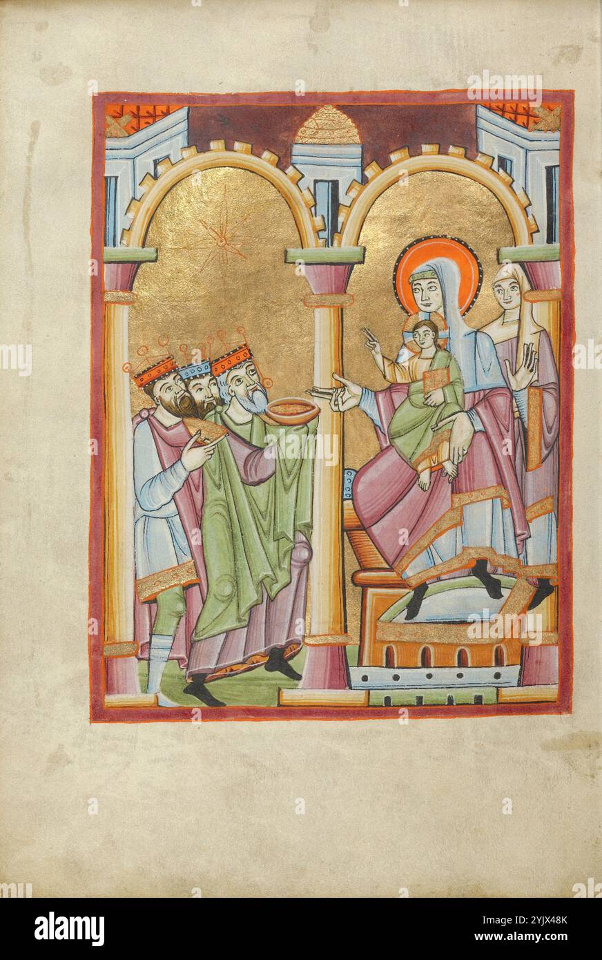 The Adoration of the Magi; Benedictional, about 1030-1040.  Additional Info:The Adoration of the Magi from this Regensburg benedictional introduces the feast of Epiphany on January 6. This holiday commemorates the visit of the three wise men from the East to the newborn Jesus. On one side the three Magi stand against a gold ground, offering their gifts in containers that may have been meant to allude to the future consecration of wine and bread in the Eucharist. Above their heads hovers the star that guided them to Jesus, drawn in red on the gold ground. On the other side of the central column Stock Photo