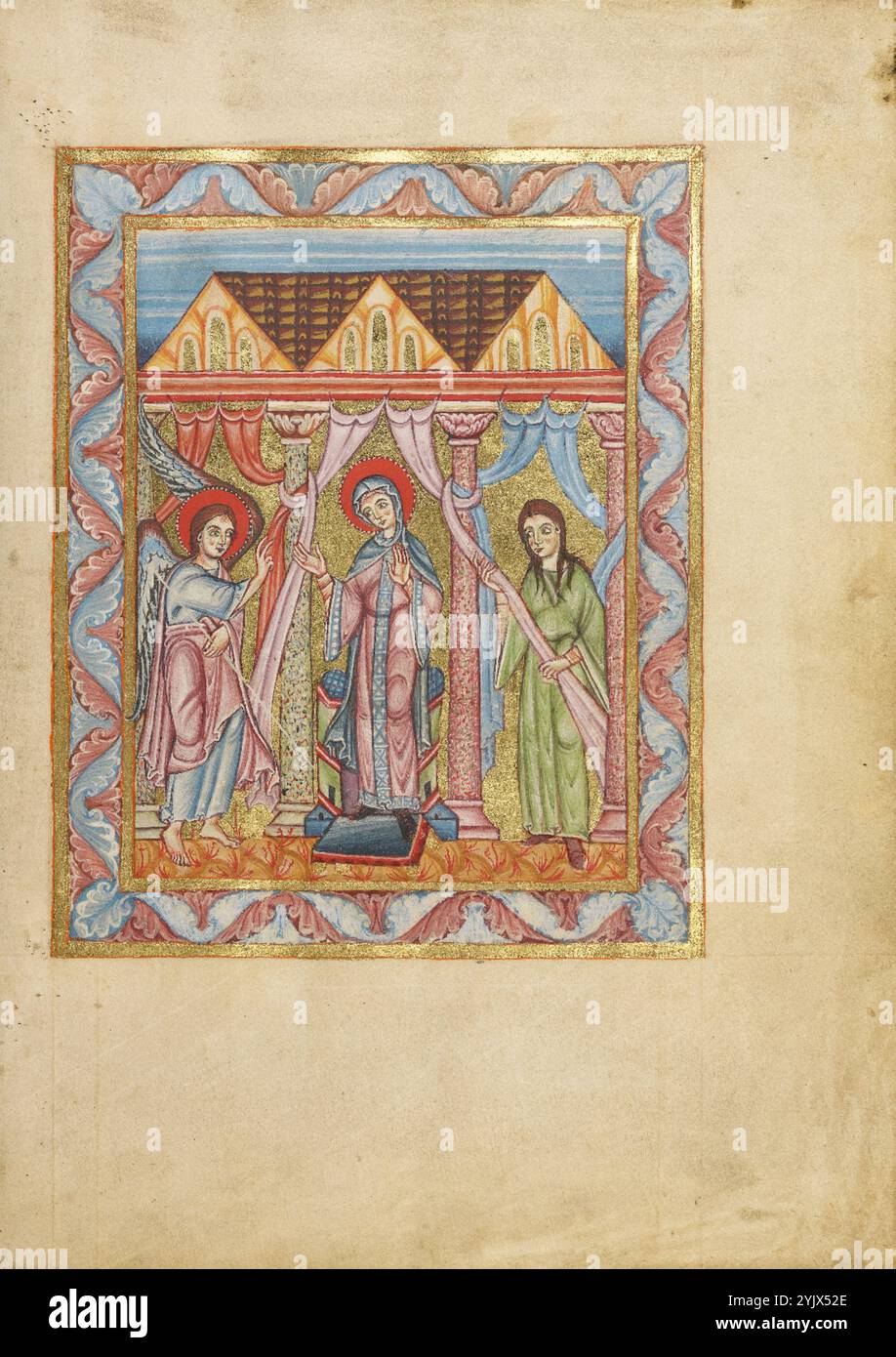 The Annunciation; Sacramentary, about 1025-1050.  Additional Info:On the left, the archangel Gabriel raises his hand in blessing as he announces to the Virgin Mary that she will bear the son of God. Behind the Virgin, a handmaiden pulls back a curtain. The Annunciation is the first in a sequence of six full-page miniatures preceding the manuscript's main text and depicting events from the life of Christ. Stock Photo