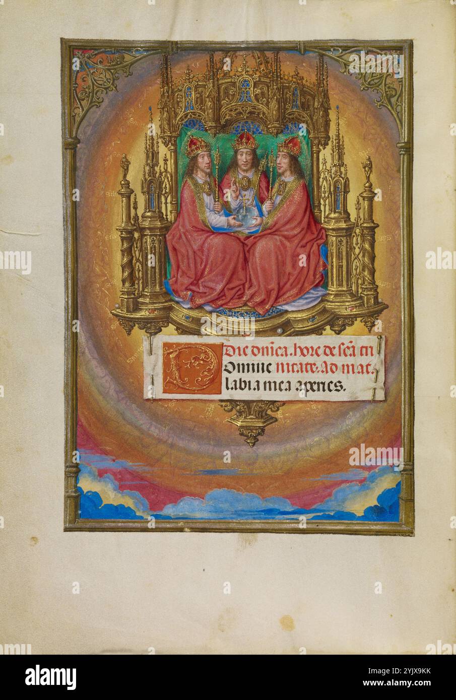 The Holy Trinity Enthroned; Spinola Hours, about 1510-1520.  Additional Info:Three crowned figures seated on a throne that hovers in a glowing heavenly light. Each of the three figures is distinct from the waist up but they share one robe, signifying the Christian belief that the Trinity consists of three persons and one substance. In the ethereal space around the throne, transparent angels sing   sanctus  (Holy). Stock Photo