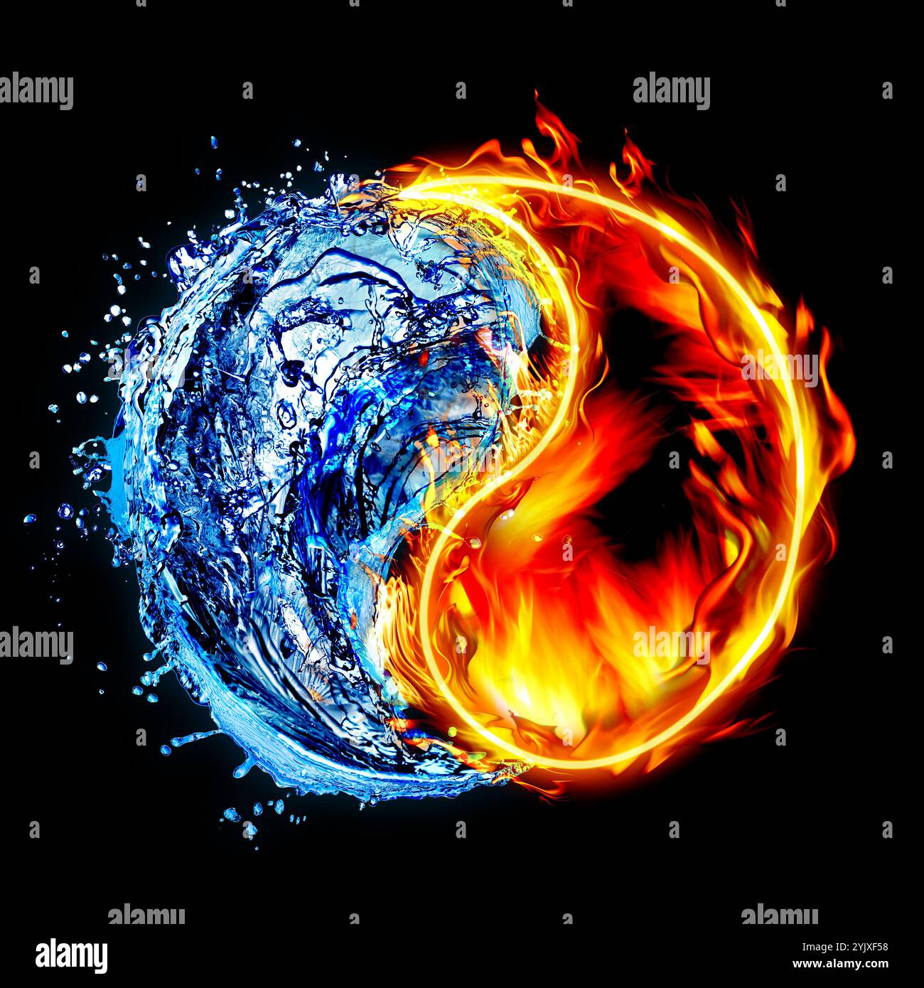 Yin and yang symbol made of fire and water on black background Stock ...