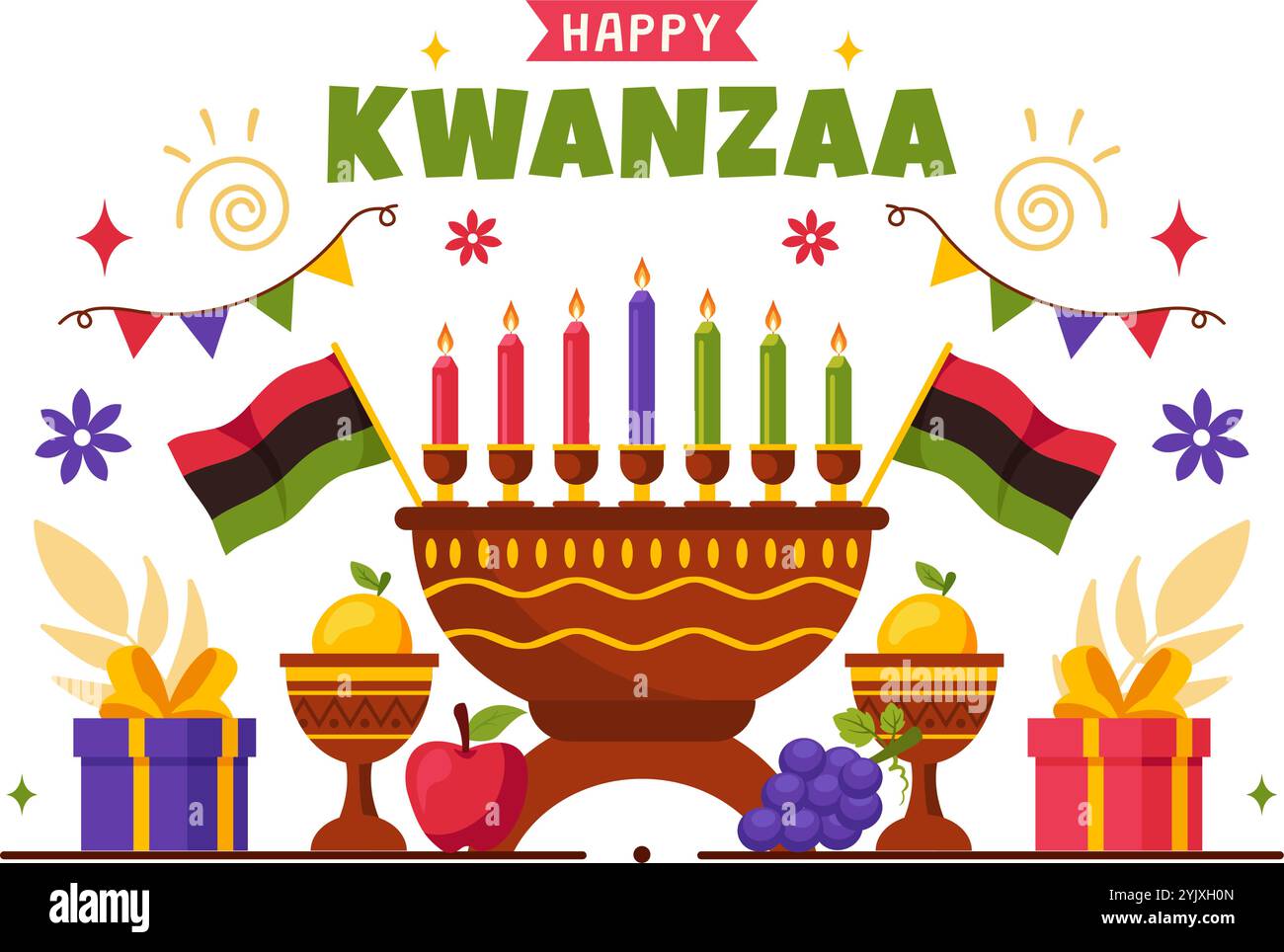 Happy Kwanzaa Vector Illustration Featuring Mazao, Zawadi, Mkeka, Kinara, Gifts, and Candles as Traditional African Holiday Symbols in a Background Stock Vector