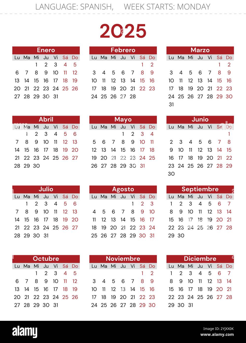 Spanish 2025 Year Calendar Vector For Spain Stock Vector Spanish 2025 Year Calendar Vector For Spain 2YJXX0K