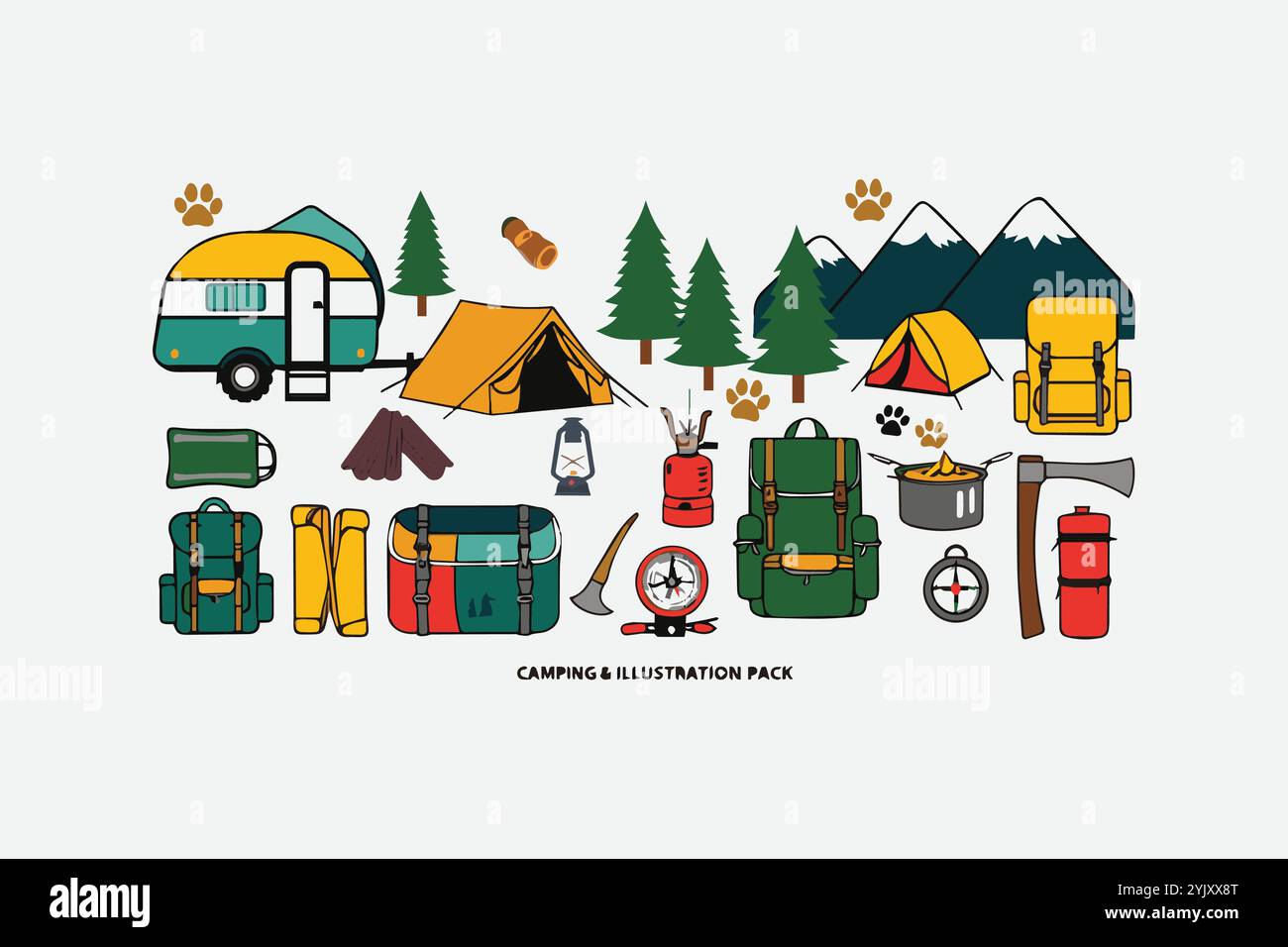 Vibrant vector collection of camping outdoor elements Stock Vector